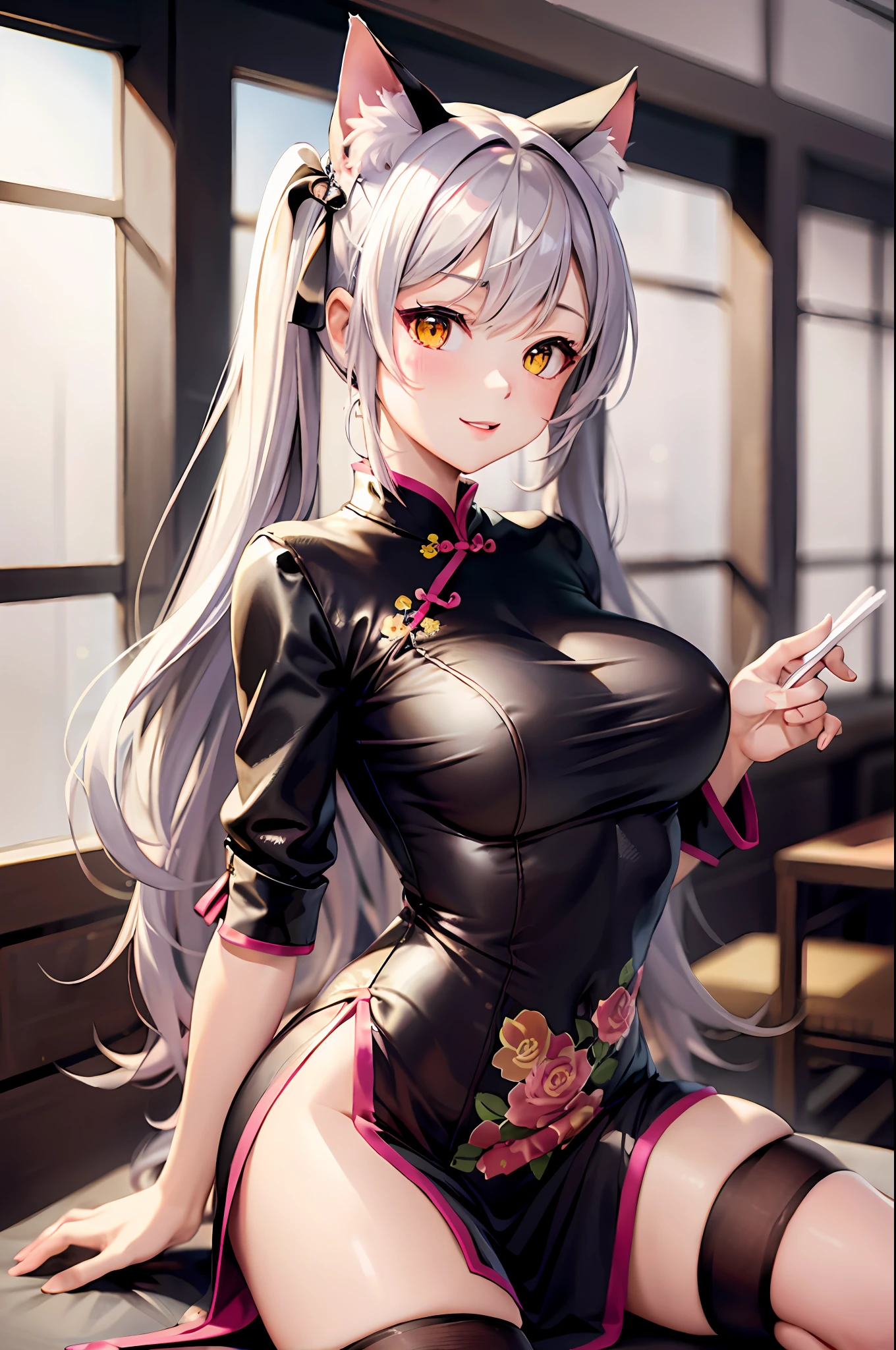 masterpiece, high resolution, high quality, pink cheongsam, eatery, big breasts, cat ears, floral pattern, yellow eyes, gray hair, twin tails