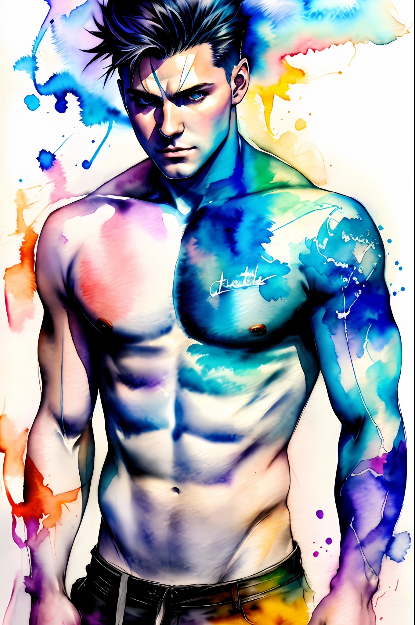 (8k, best quality, masterpiece:1.2),(best quality:1.0), (ultra highres:1.0), watercolor, cu chulainn \(fate\), shoulder, by agnes cecile, half body portrait, extremely luminous bright design, pastel colors, (ink:1.3),