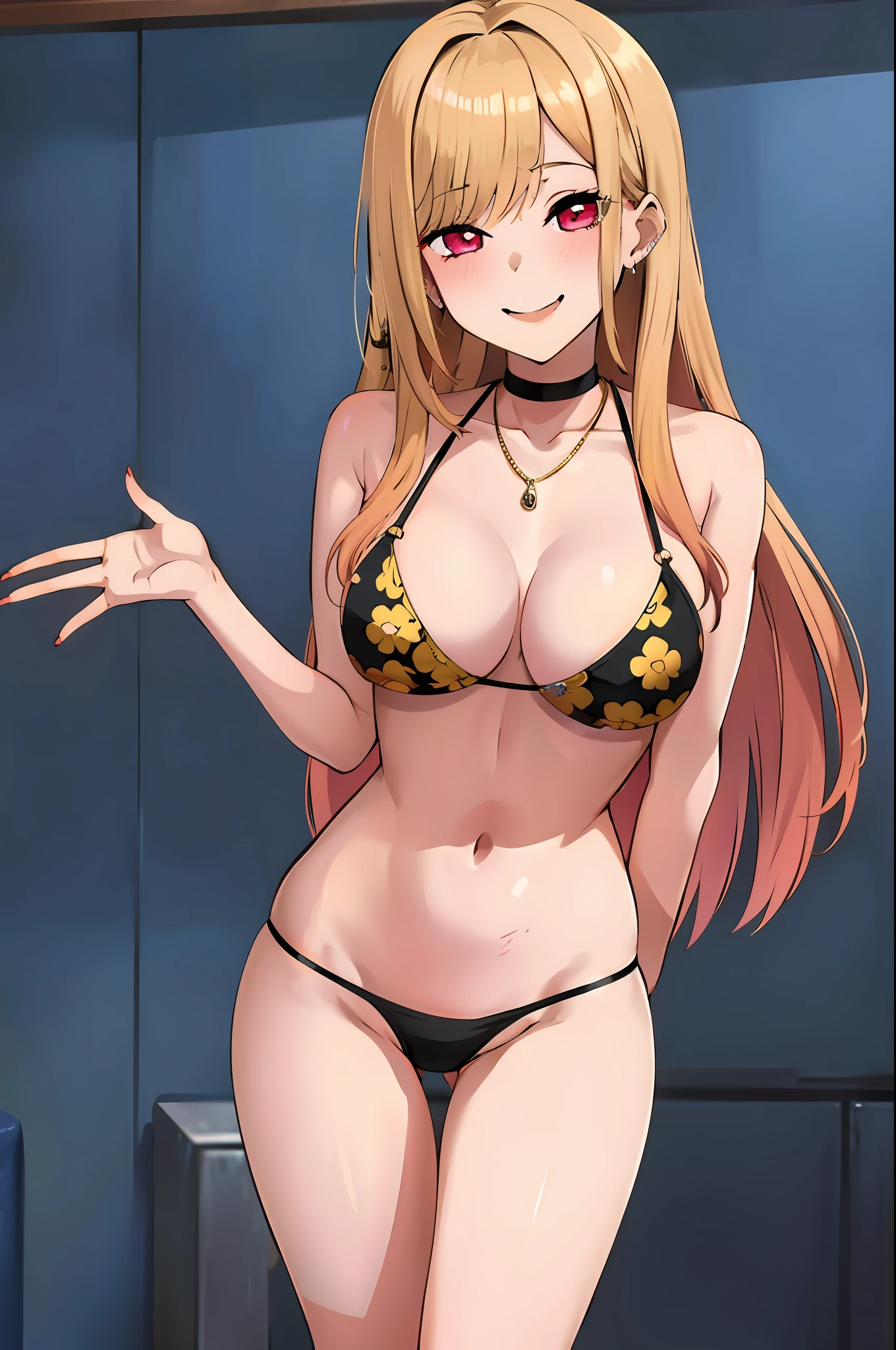 Busty, swimsuit, (blushing face:1.1), smiling, ((erotic pose)), standing, glowing eyes