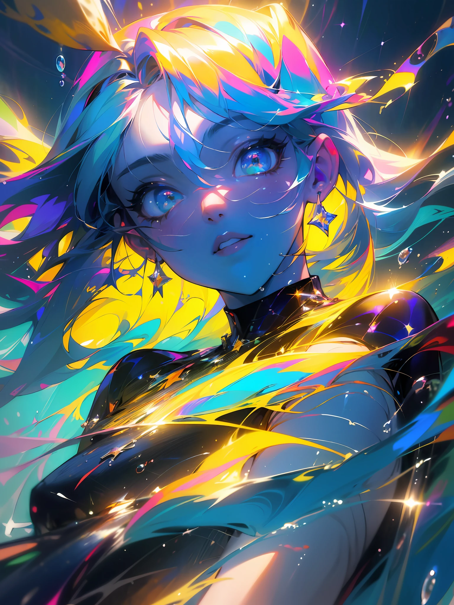 (masterpiece, top quality, best quality, extreme detailed, highest detailed, official art, beautiful and aesthetic:1.2), colorful, cowboy shot, beautiful face, solo, perfect body, 1girl lying on water, look at viewer, detailed beautiful eyes,night, outdoor, reflect star sky,