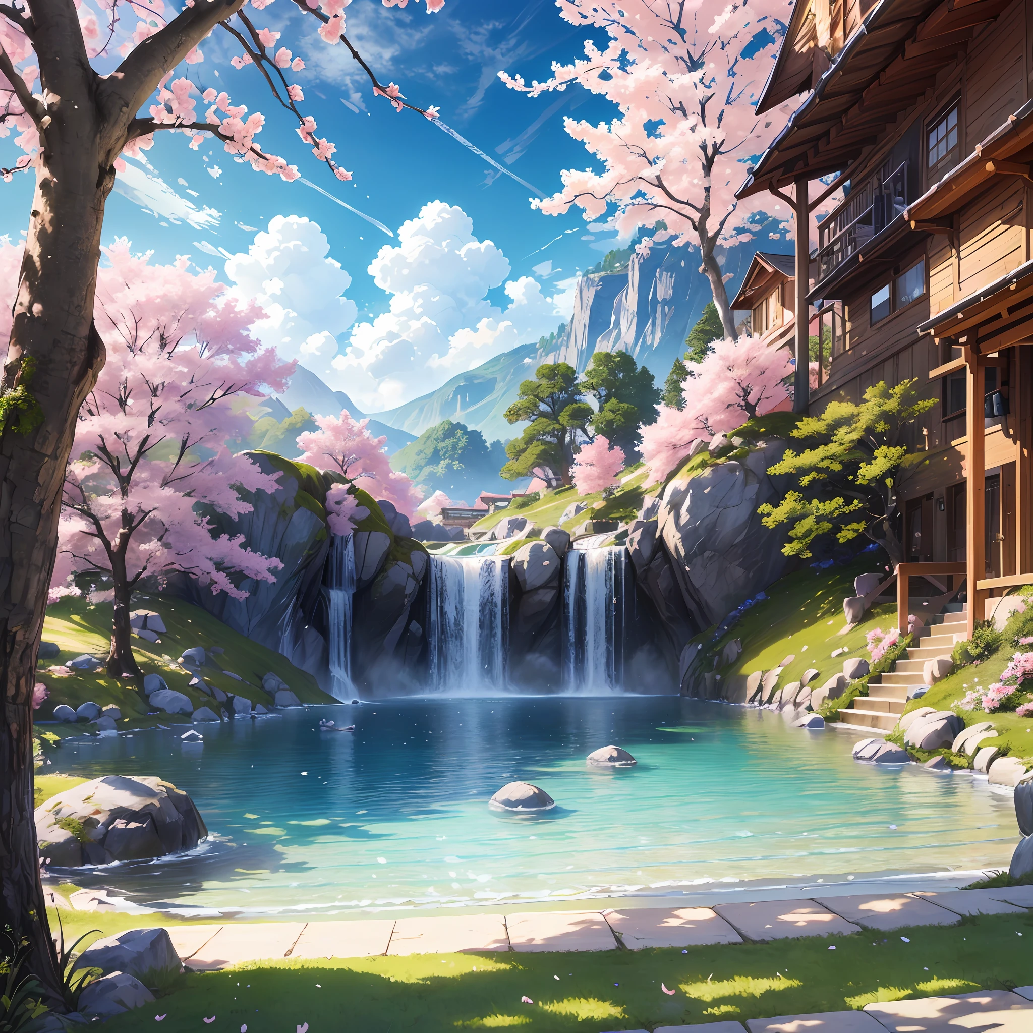 Masterpiece, best quality, (very detailed CG unity 8k wallpaper) (best quality), (best illustration), (best shadows) Critters Vibrant colors, water, natural beauty, peaceful oasis , cherry blossom tree, petals floating in the air, blue sky wonderland ray tracing, ultra-detailed --v6