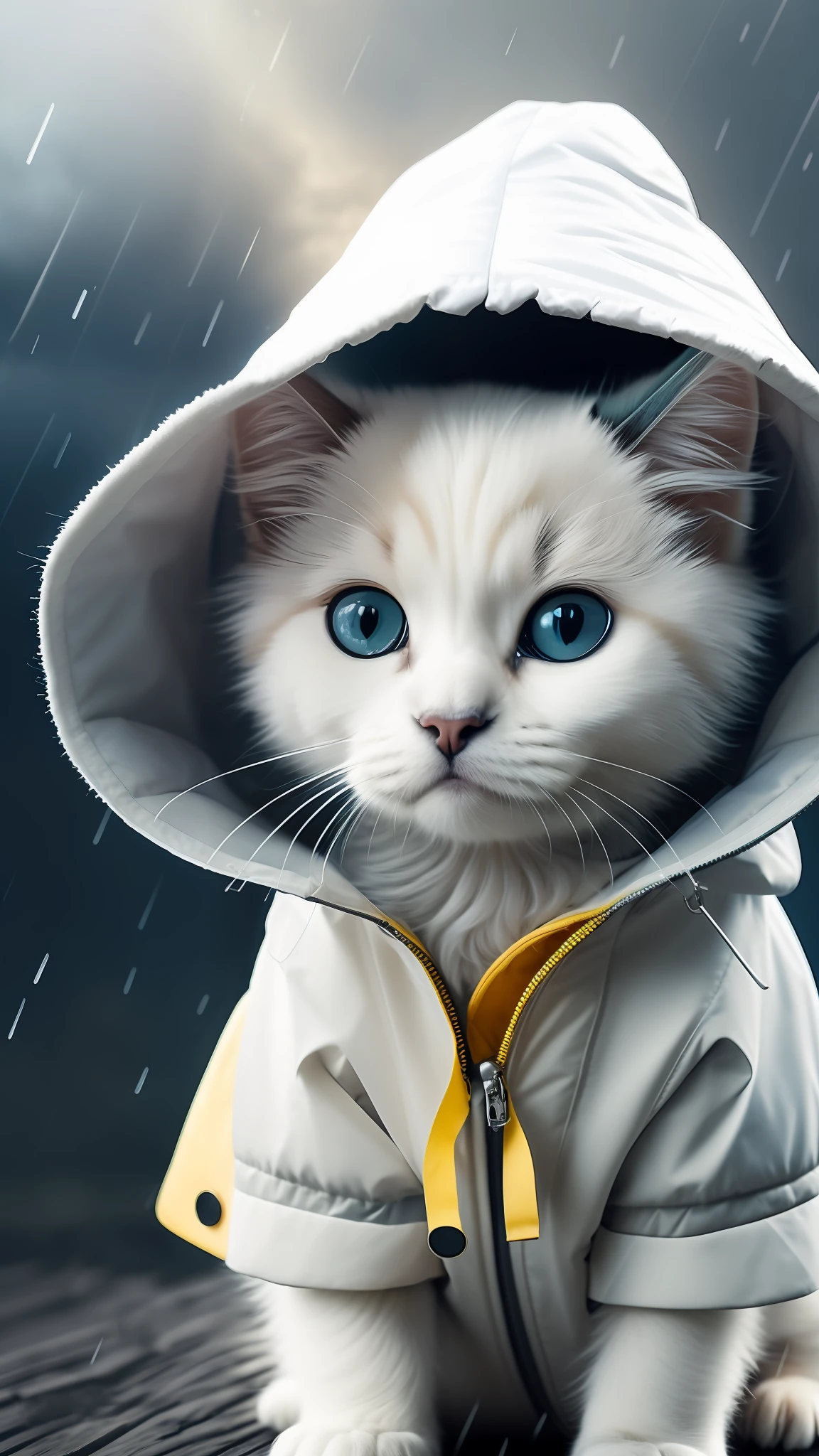 White colored cat puppy wearing raincoat, stormy weather, with cinematic lighting and ultra realistic details, realistic photo, cinematic photography, incredibly detailed, film lighting