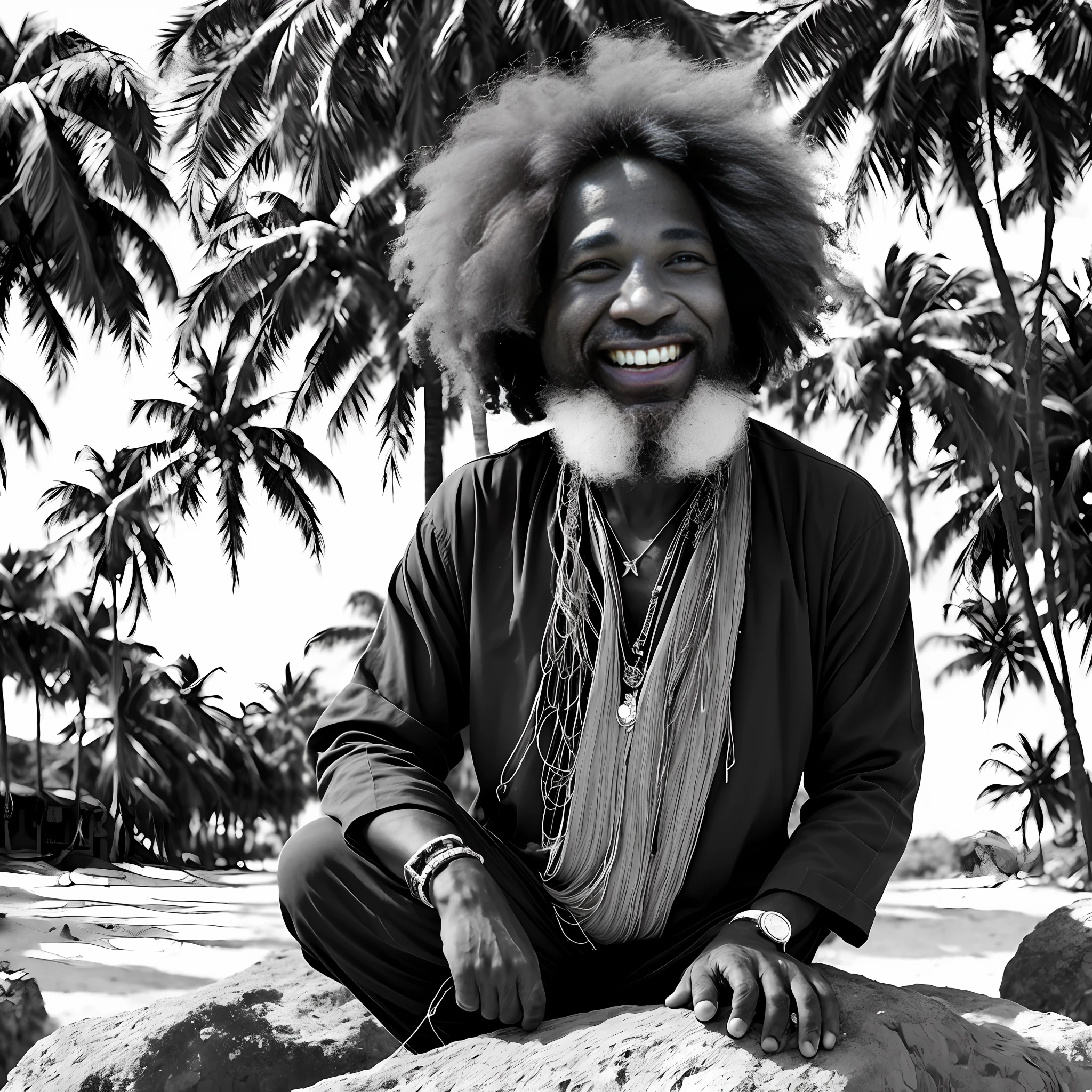 An old black man smiling, no stealing, afro accessories, long beards, brown eyes, whole body, thoughtful, sitting on a rock, in a village, sand floor, plantations around, looking at the blue sky, black and white background, in the Premiere.