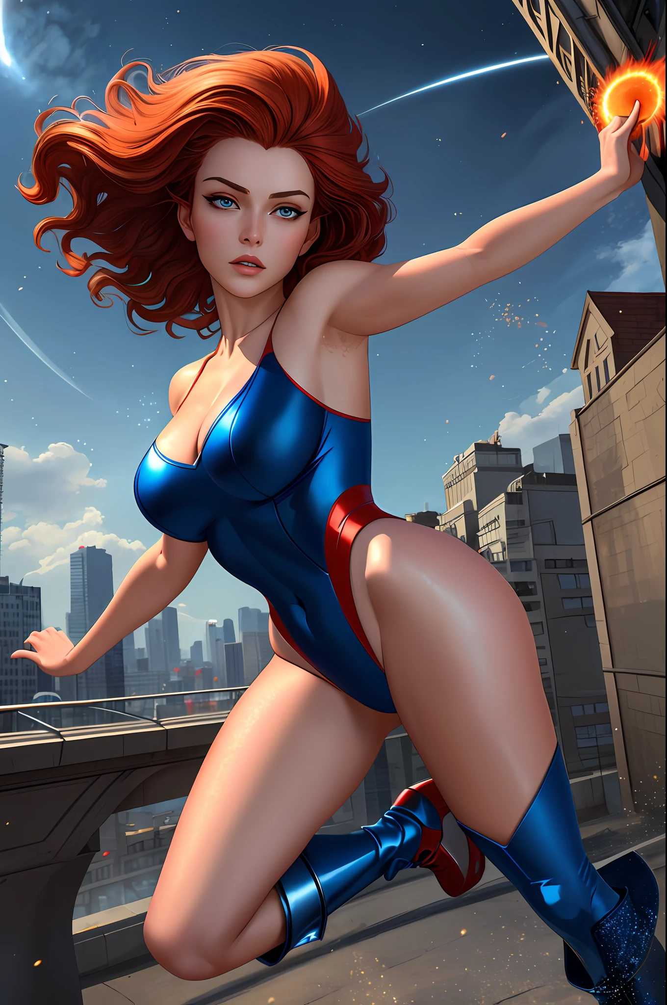 ((best quality)), ((masterpiece)), ((ultra realistic)), (dynamic sexy pose), french redhead, beautiful detailed face, detailed eyes, sexy police woman, dressed in a blue and red leotard, city backdrop, highly detailed, professional, bare legs, full body, matching blue boots, tornado spin, standing, twirl, spinning cyclone, cyclone winds, powering up, wind particles, dust particles, cyclone particles, super spin,