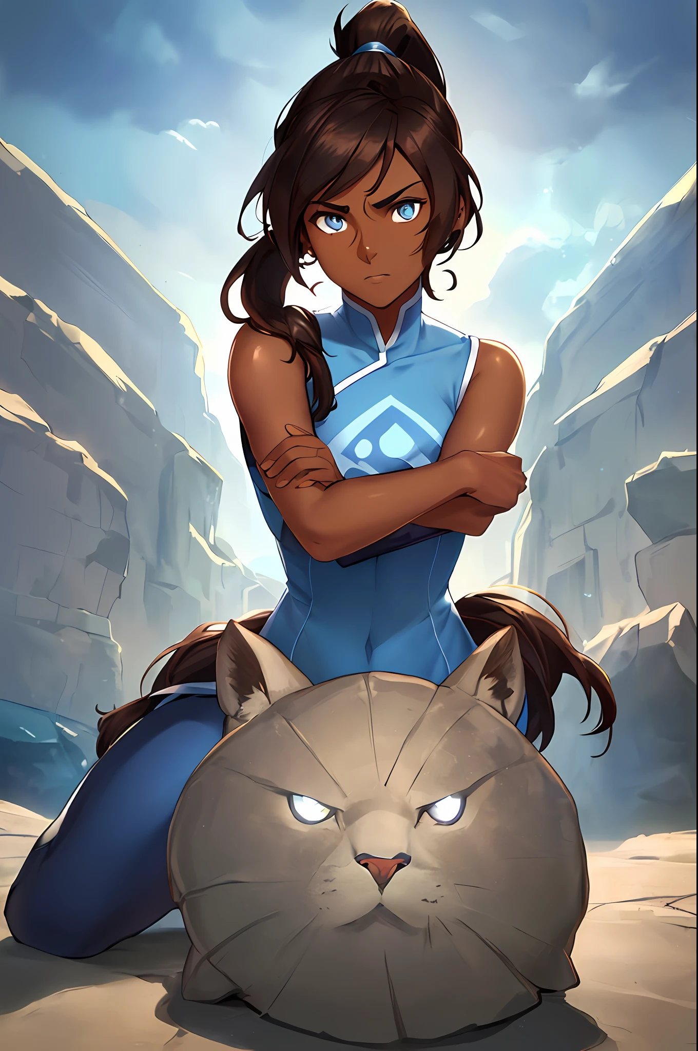 Korra (avatar, dark skin: 1.5, brown skin: 1.5, brown hair, hair tubes, ponytail, blue eyes) hugging her friend, "(masterpiece, best quality, 8k, sharp focus, depth of field, best shadows, perfect lights, HDR, realistic skin texture, ultra-detailed and detailed background)", anime style
