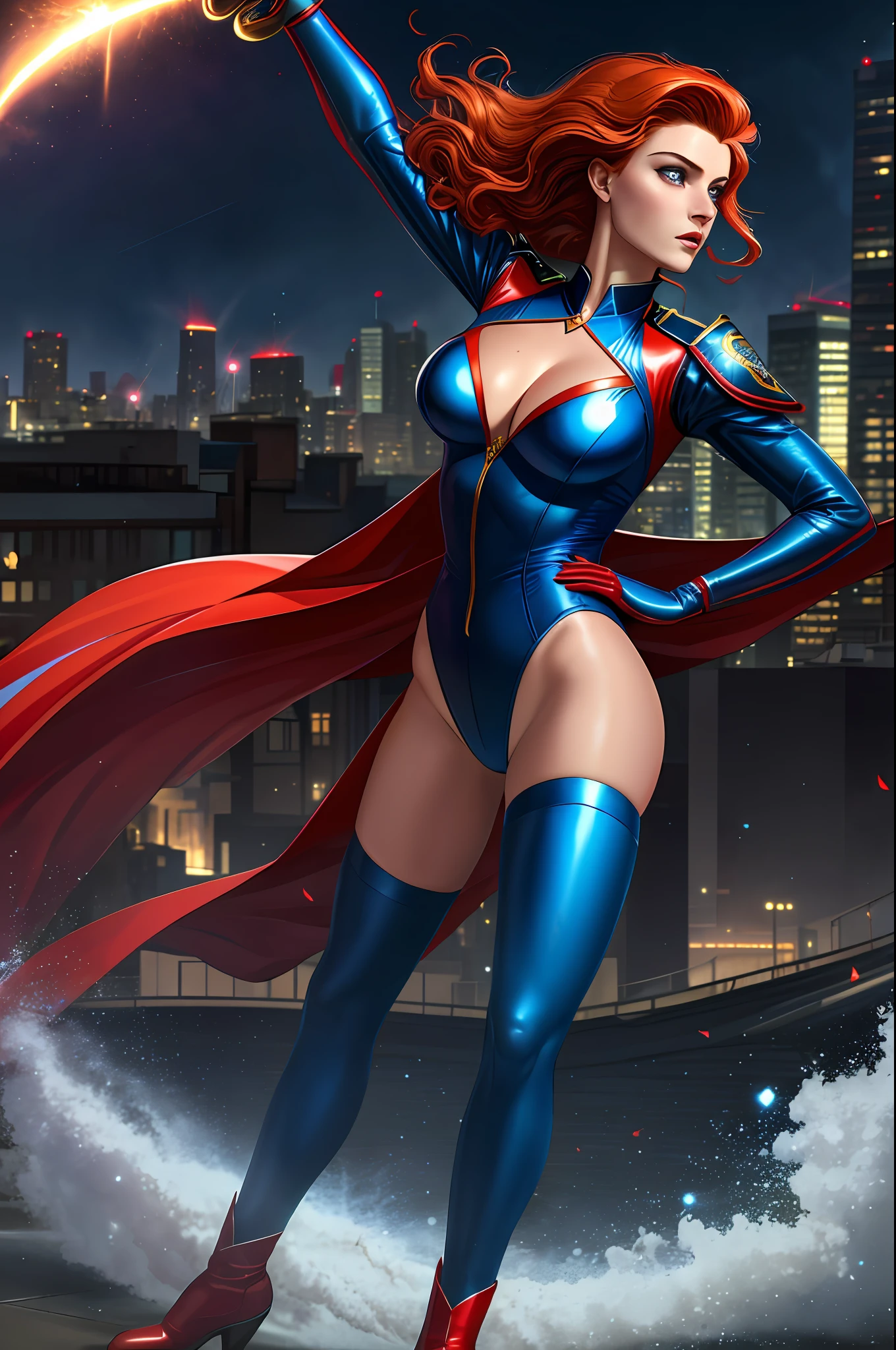 ((best quality)), ((masterpiece)), ((ultra realistic)), (dynamic sexy pose), french redhead, beautiful detailed face, detailed eyes, sexy police woman, dressed in a blue and red leotard, city backdrop, highly detailed, professional, bare legs, full body, matching blue boots, tornado spin, standing, twirl, spinning cyclone, cyclone winds, powering up, wind particles, dust particles, cyclone particles, super spin,