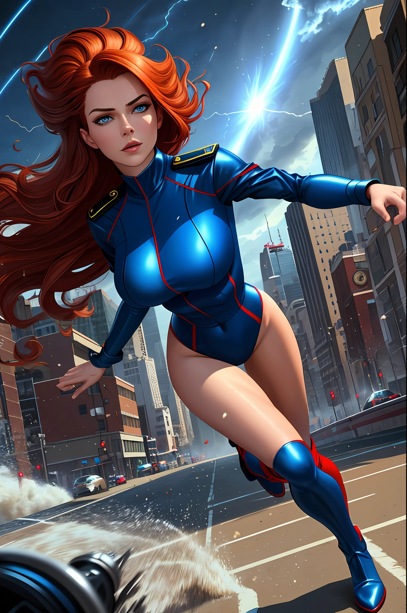 ((best quality)), ((masterpiece)), ((ultra realistic)), (dynamic sexy pose), french redhead, beautiful detailed face, detailed eyes, sexy police woman, dressed in a blue and red leotard, city backdrop, highly detailed, professional, bare legs, full body, matching blue boots, tornado spin, standing, twirl, spinning cyclone, cyclone winds, powering up, wind particles, dust particles, cyclone particles, super spin,