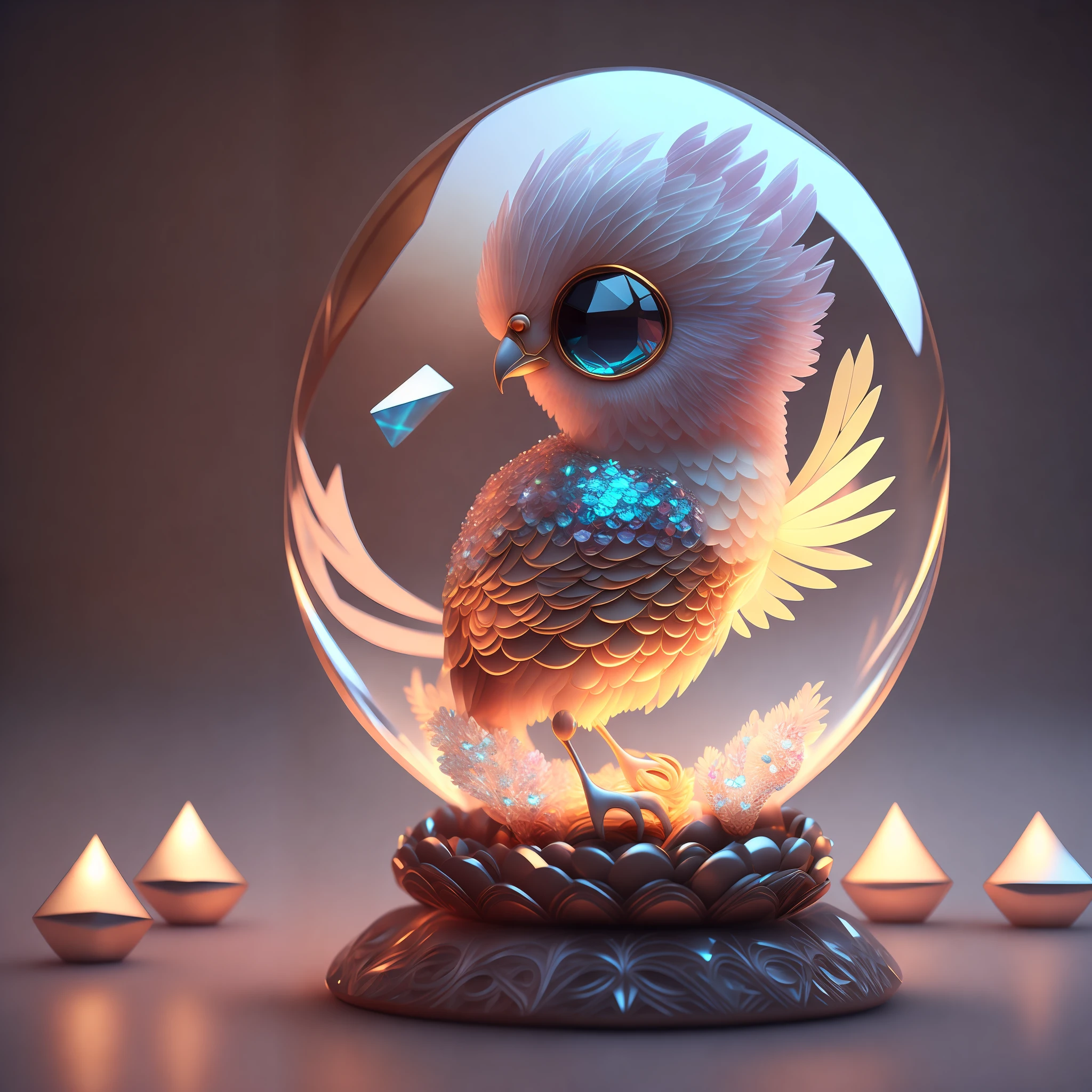 A cute adorable  phoenix made of crystal ball with low poly eye's highly detailed intricated concept art trending artstation 8k