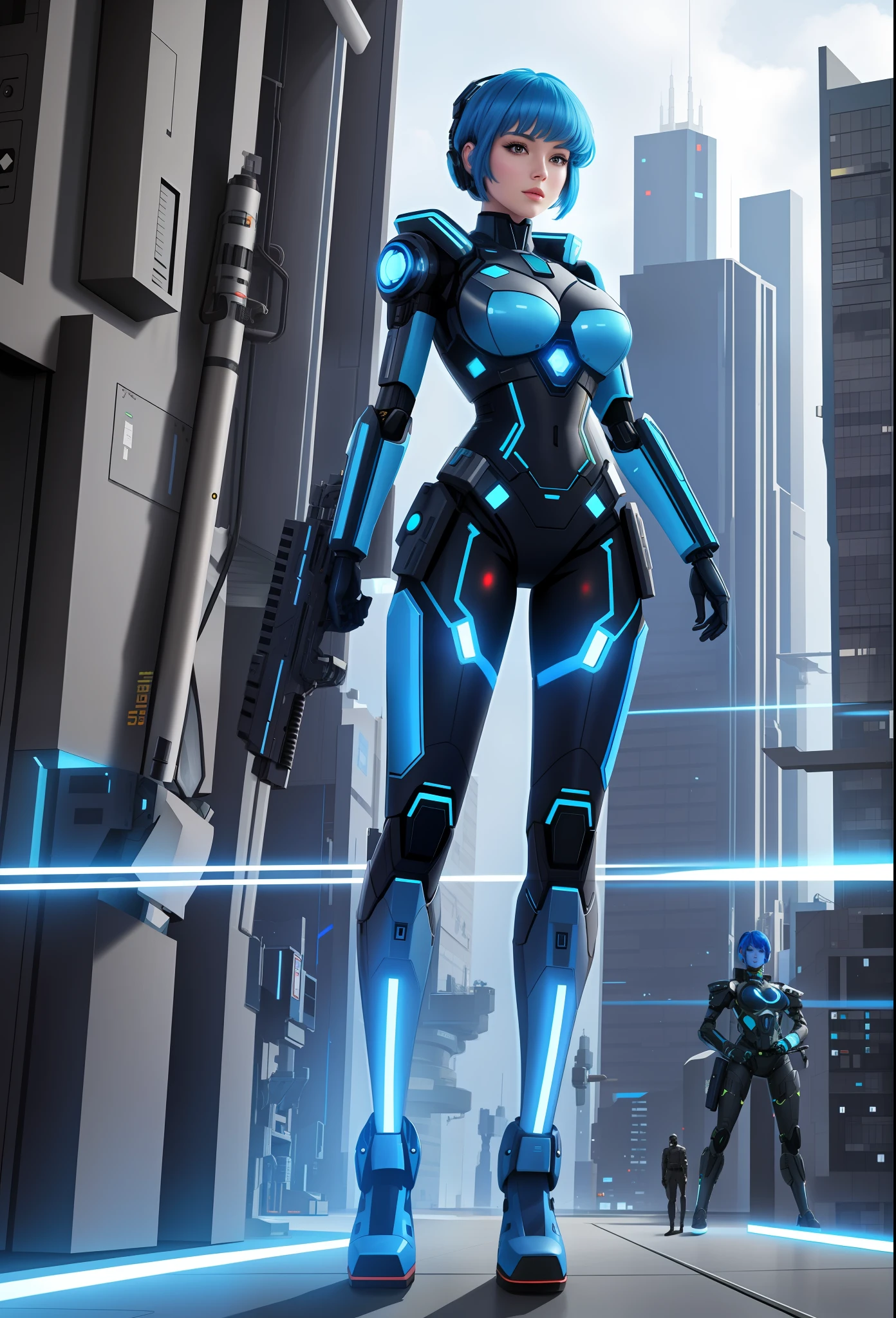 Full body photo, Humanoid robot woman, half human half robot body in robotic suit, with power cables, blue lights on chest, she has the ((half human head and half with robot parts showing)), short blue hair, one green eye, looking at the viewer, from the front, big breasts, body half human and half mechanical, she is in a futuristic city at war between humans and machines, she is holding futuristic weapons of large caliber, cyberpunk, troll, anime, Pop art, masterpiece, 16k, high details, UHD, best quality