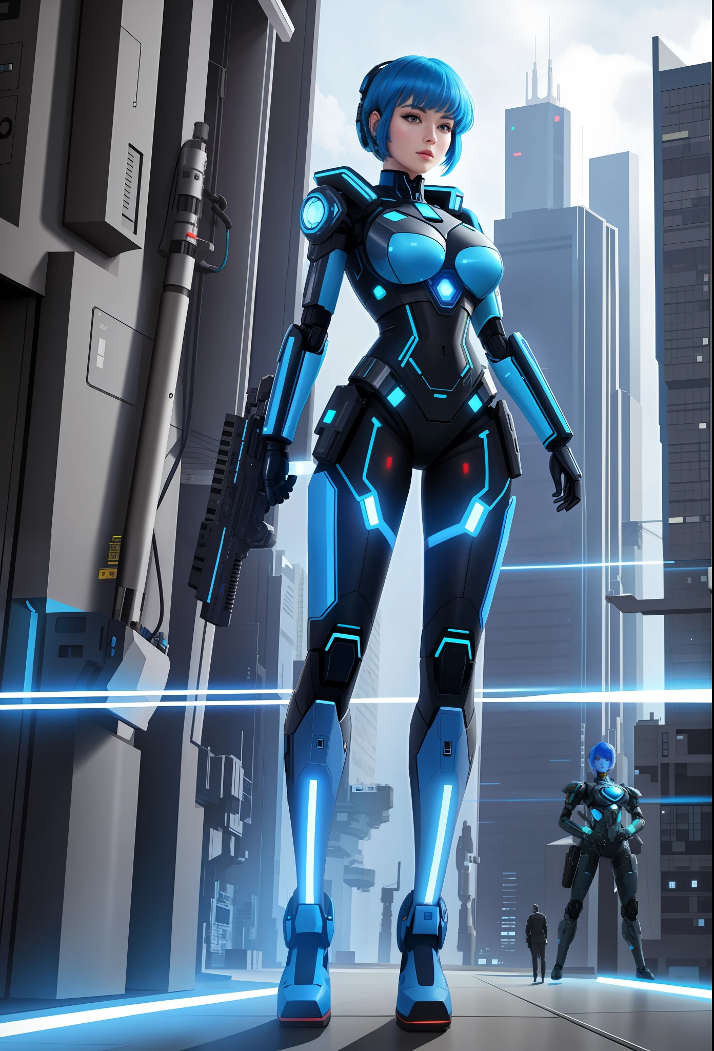 Full body photo, Humanoid robot woman, half human half robot body in robotic suit, with power cables, blue lights on chest, she has the ((half human head and half with robot parts showing)), short blue hair, one green eye, looking at the viewer, from the front, big breasts, body half human and half mechanical, she is in a futuristic city at war between humans and machines, she is holding futuristic weapons of large caliber, cyberpunk, troll, anime, Pop art, masterpiece, 16k, high details, UHD, best quality