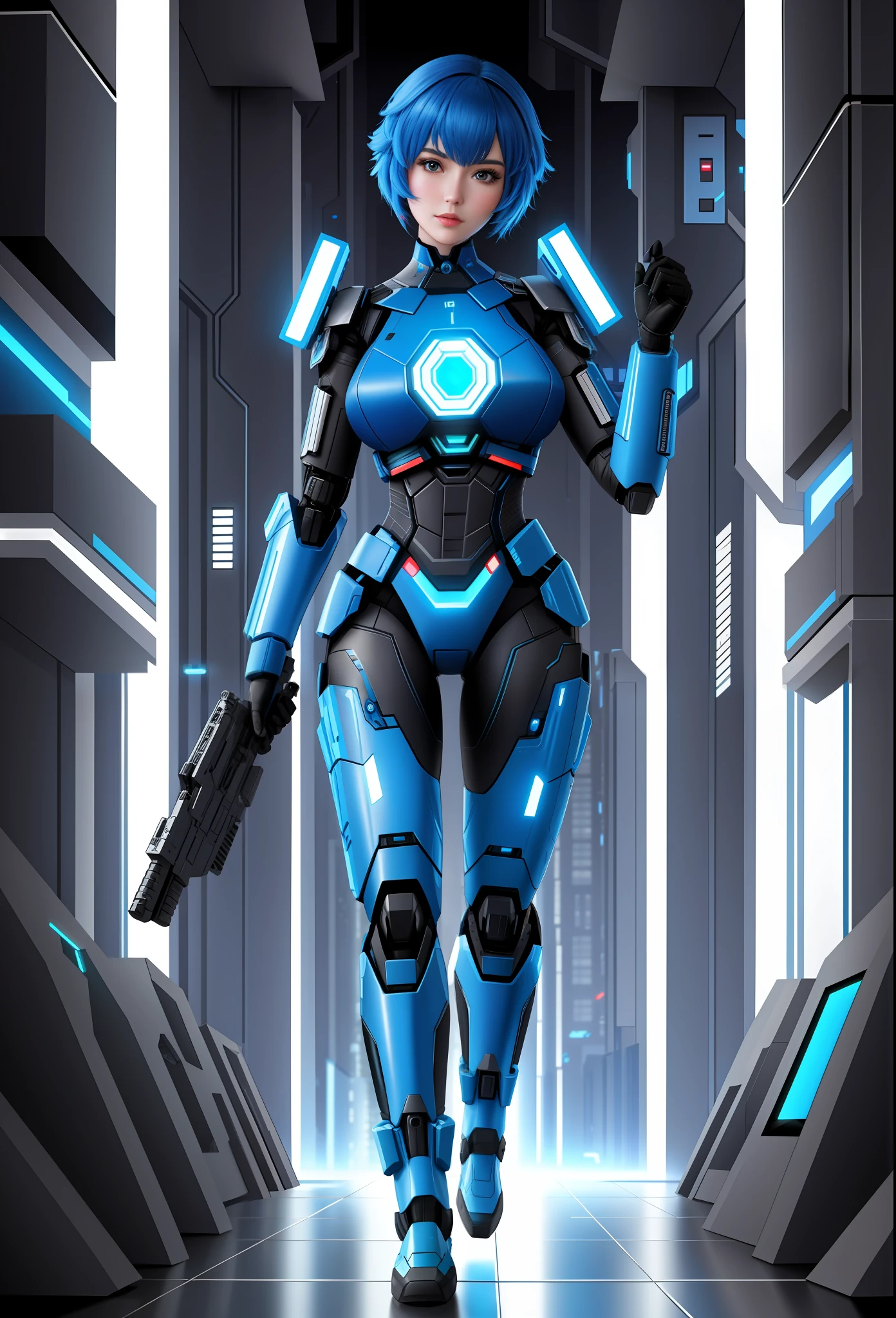 Full body photo, Humanoid robot woman, half human half robot body in robotic suit, with power cables, blue lights on chest, she has the ((half human head and half with robot parts showing)), short blue hair, one green eye, looking at the viewer, from the front, big breasts, body half human and half mechanical, she is in a futuristic city at war between humans and machines, she is holding futuristic weapons of large caliber, cyberpunk, troll, anime, Pop art, masterpiece, 16k, high details, UHD, best quality