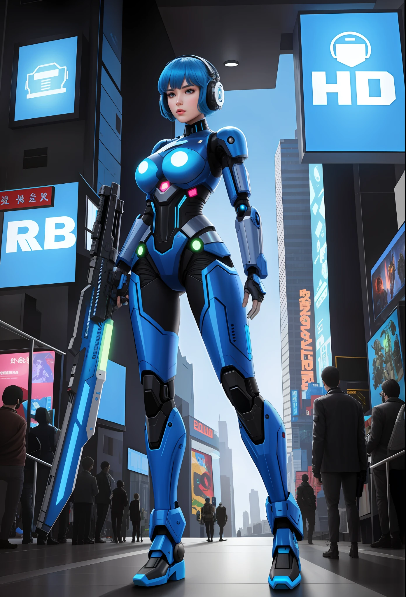 Full body photo, Humanoid robot woman, half human half robot body in robotic suit, with power cables, blue lights on chest, she has the ((half human head and half with robot parts showing)), short blue hair, one green eye, looking at the viewer, from the front, big breasts, body half human and half mechanical, she is in a futuristic city at war between humans and machines, she is holding futuristic weapons of large caliber, cyberpunk, troll, anime, Pop art, masterpiece, 16k, high details, UHD, best quality
