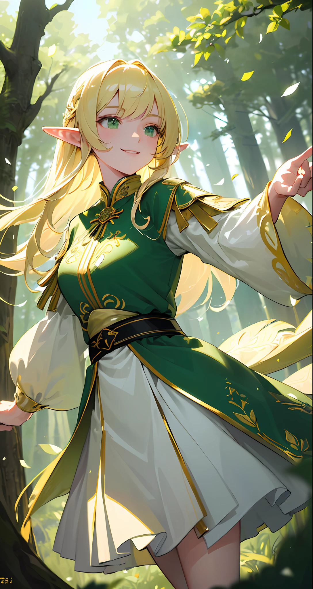 (((Masterpiece, Best Quality, High Definition, High Detail))), One Elf Woman, Blonde Long Straight Hair, Bright Green Eyes, White Short Skirt with Gold Embroidery, Green Surcoat with Gold Embroidery, Smile, Forest, Sun Through the Trees, Step, Strong Wind, Confetti, Dancing