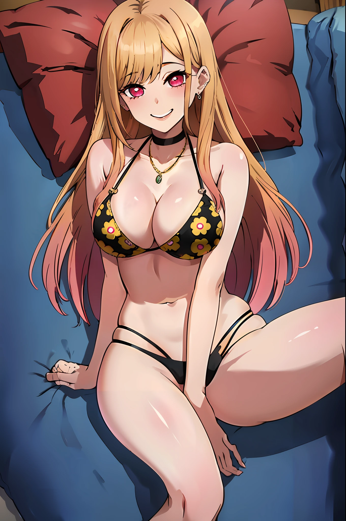 Busty, bikini, (blushing face:1.1), smiling, ((erotic pose)), lying on bed, looking at viewer, glowing eyes