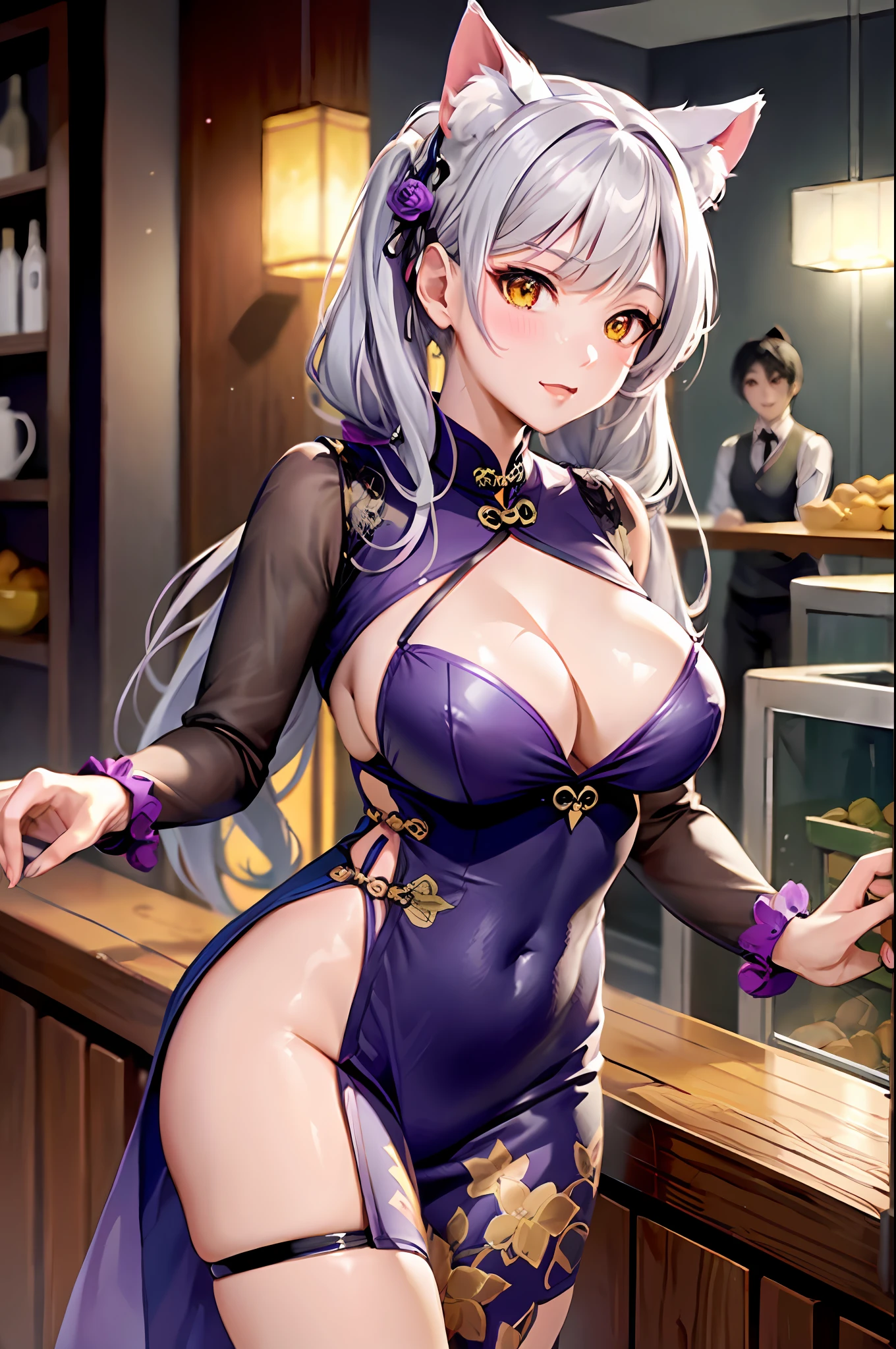 masterpiece, high resolution, high quality, purple cheongsam, eatery, big breasts, cat ears, floral pattern, yellow eyes, gray hair, twin tails