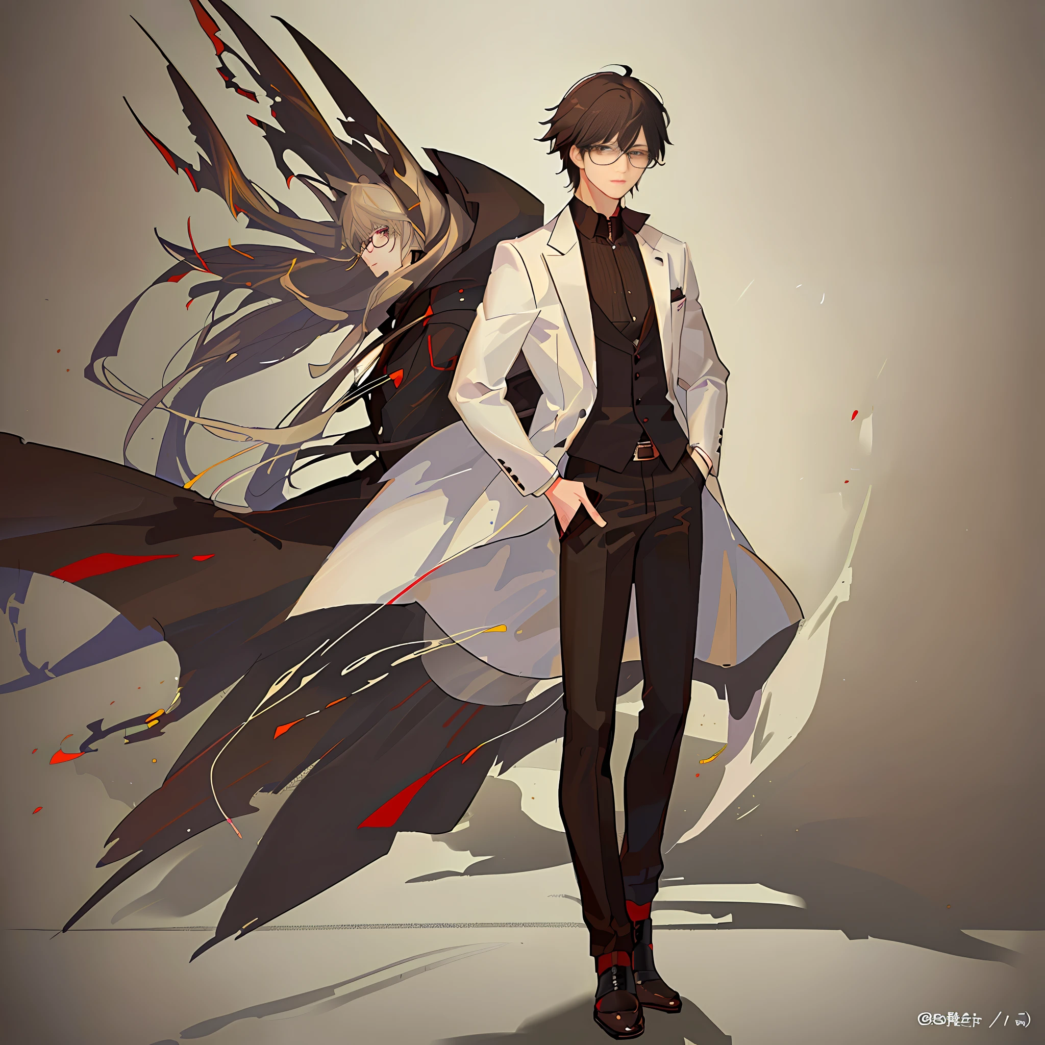 anime man with short brown and black hair, man is wearing low spectacles, white colored eyes, dressed in a white button shirt no jacket and black trousers, spikey hair, short brown and blond haired man, anime moe artstyle, handsome anime portrait, anime visual of a handsome man, anime style portrait, brown and black hair, white colored eyes, high quality anime artyle, portrait anime man, hands in pockets, exhausted, [[[[smiling wearily]]]]