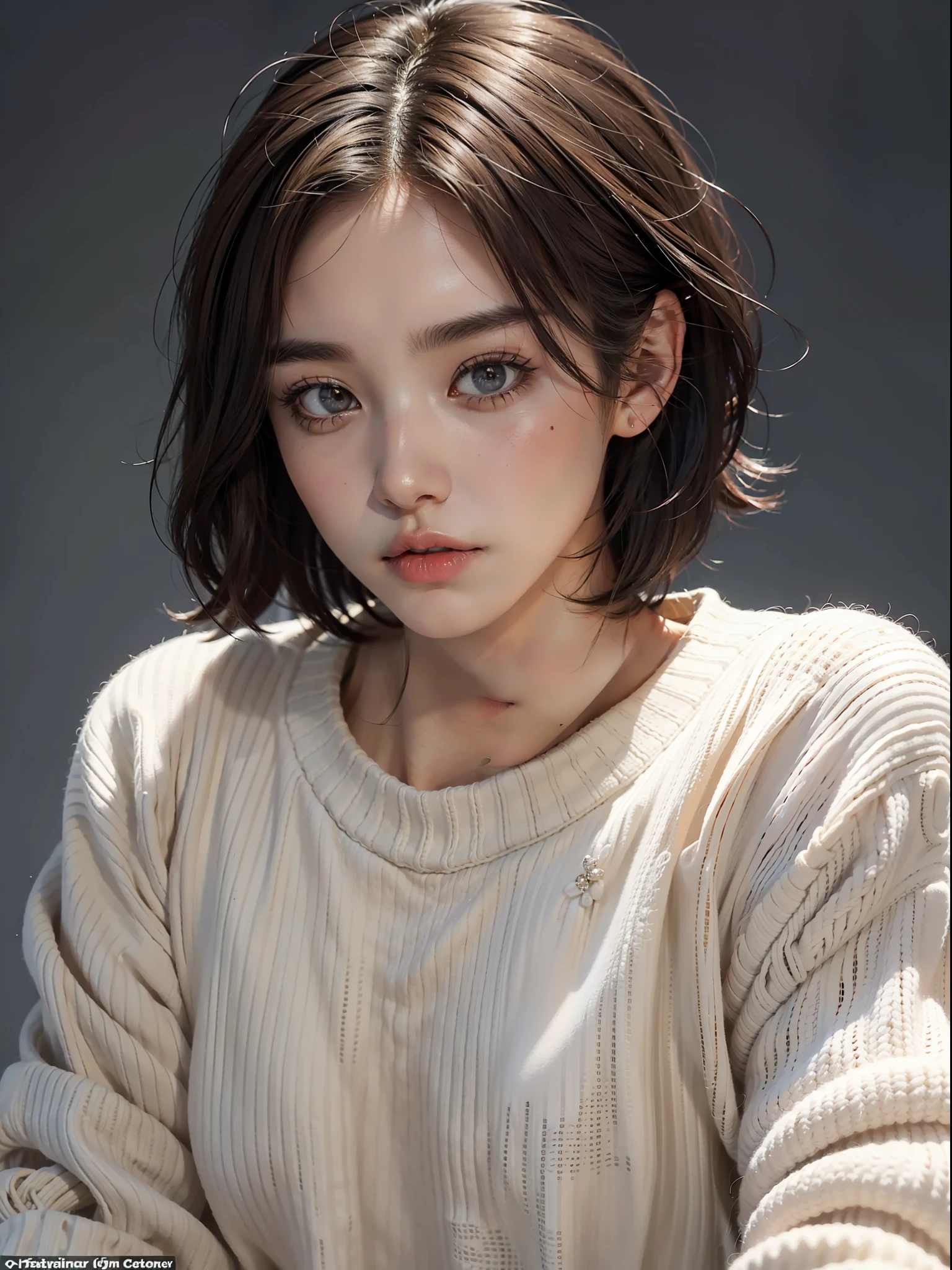 (Male: 1.2) (Bodybuilder: 0.8), Masterpiece, Photorealistic, Double Narrowed, Small Nose, Small Lips, Thin Lips, Hanging Eyes, Hanging Eyebrows, Thin Eyebrows, Small Chin, Plump Cheeks, Standing Alone, Brown Hair, Short Hair, Top Quality, Reality, Ultra Detailed Face and Eyes, K-pop Idol, Big Breasts, Knitted Sweater