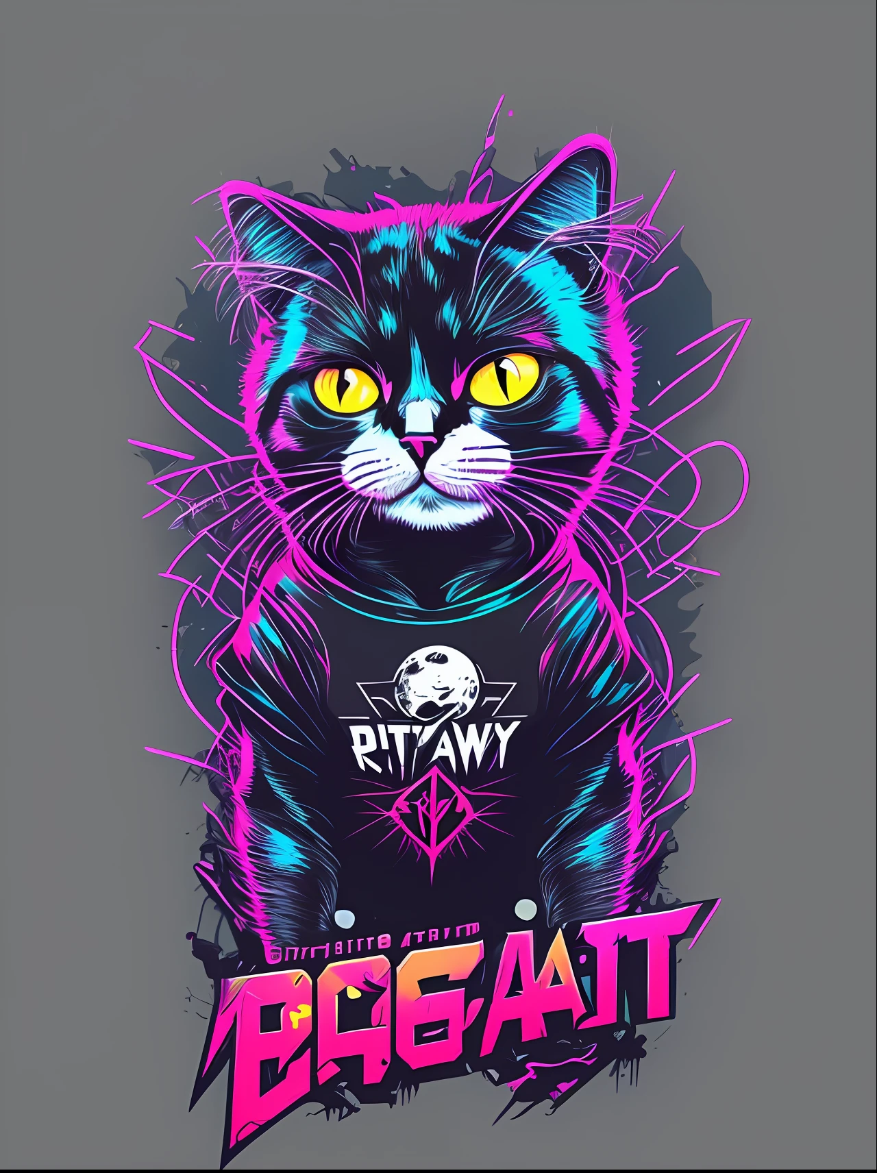 - cat mascot cyberpunk style, t-shirt design, super cute, 2d, vector, flat