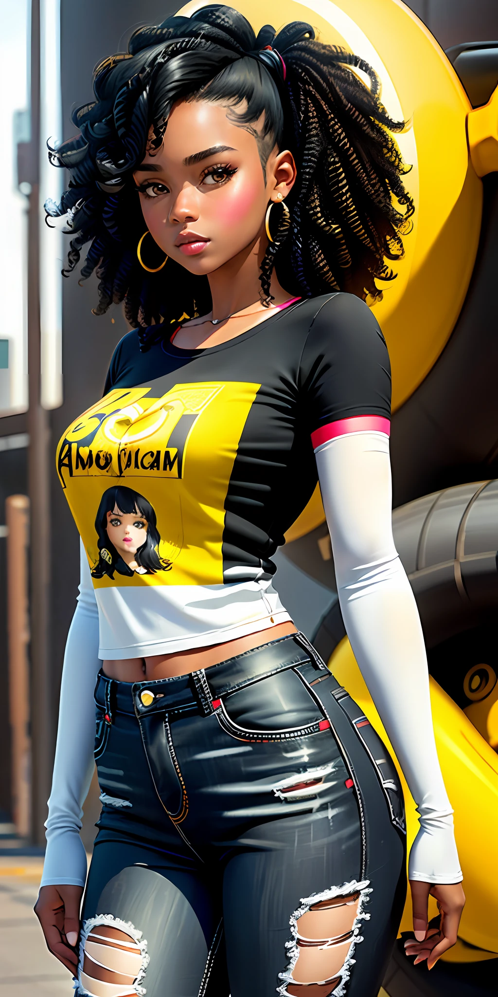 american girl, best quality, masterpiece, curly black hair, round black eyes, banana print t-shirt, current young fashion, long jeans, banana print, brown skin, arms on the side of the body, Print High Definition Realistic Style (Intricate Detail:1.12), HDR, (Intricate Detail, Hyper Detail:1.15)
