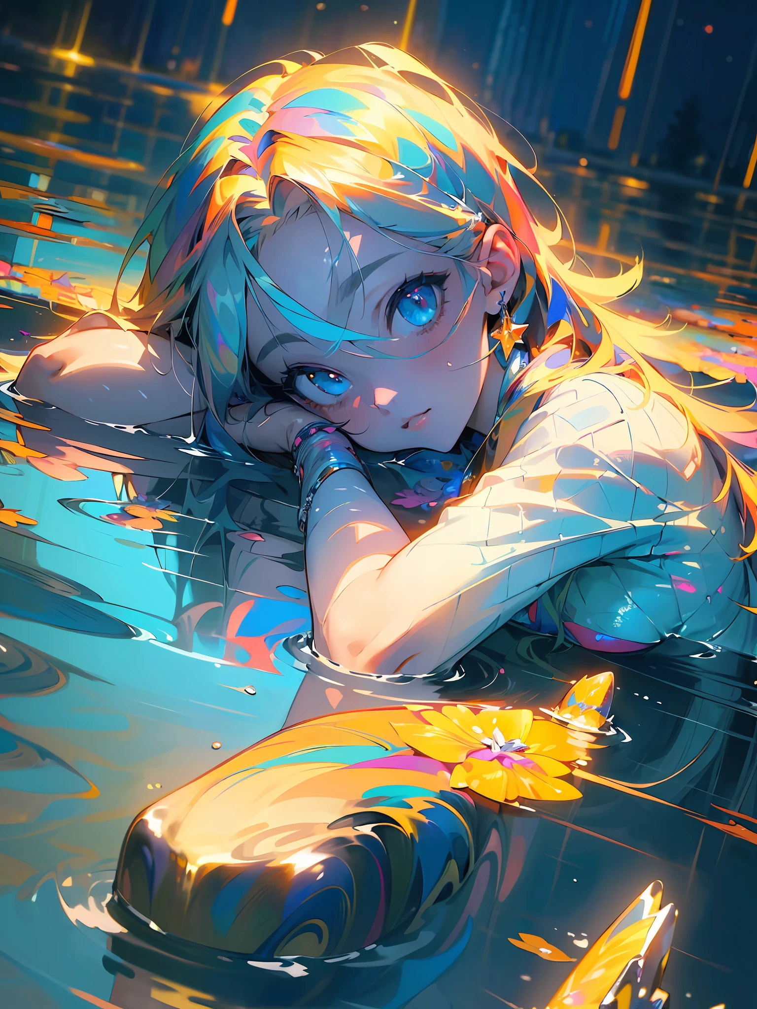 (masterpiece, top quality, best quality, extreme detailed, highest detailed, official art, beautiful and aesthetic:1.2), colorful, cowboy shot, solo, perfect body, 1girl lying on water, look at viewer, detailed beautiful eyes,night, outdoor, reflect star sky,