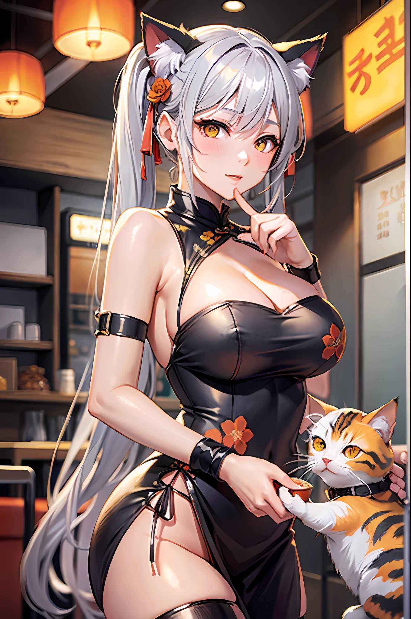 masterpiece, high resolution, high quality, orange cheongsam, eatery, big breasts, cat ears, floral pattern, yellow eyes, gray hair, twin tails