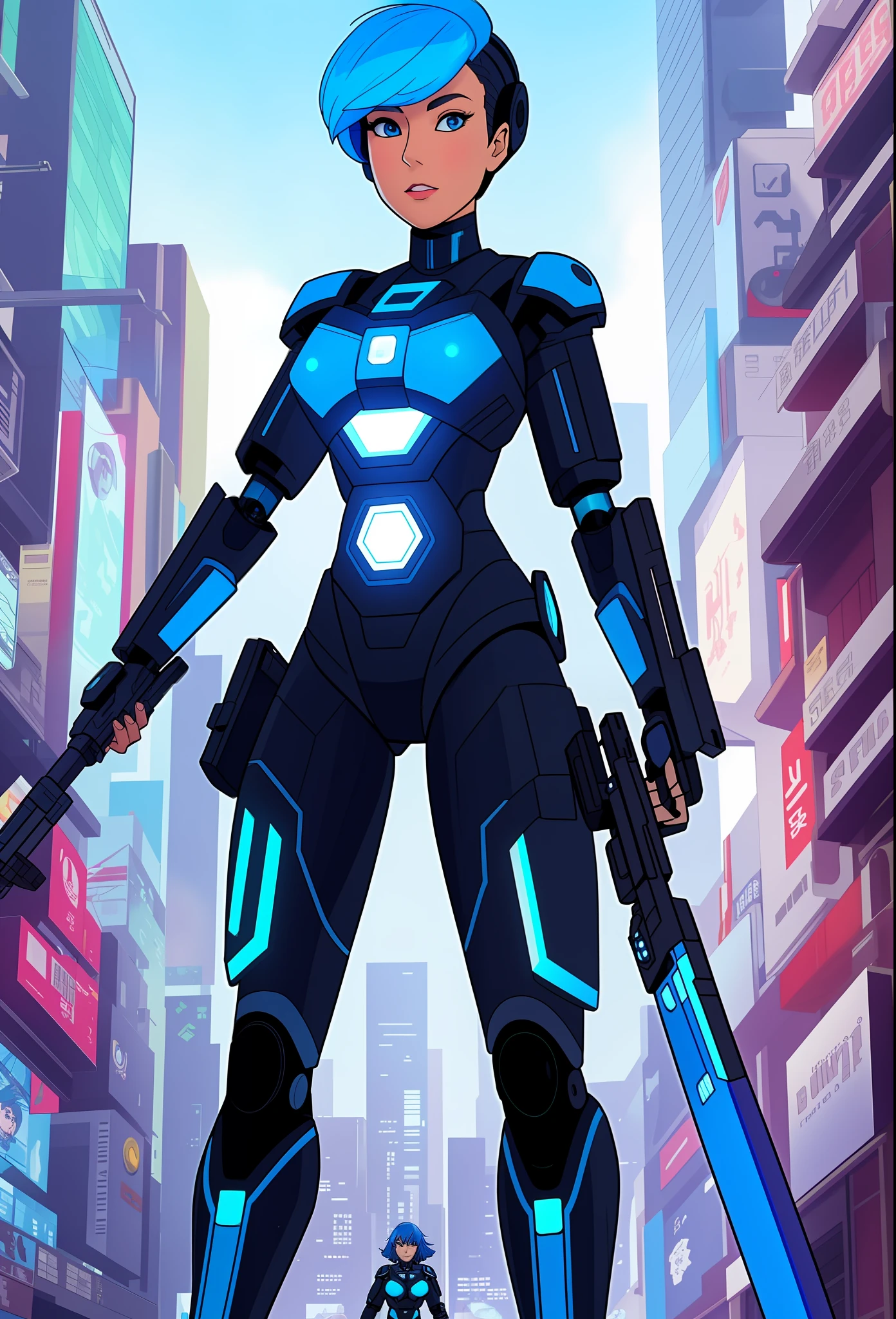 Full body photo, Humanoid robot woman, half human half robot body in robotic suit, with power cables, blue lights on chest, she has the ((half human head and half with robot parts showing)), short blue hair, one green eye, looking at the viewer, from the front, big breasts, body half human and half mechanical, she is in a futuristic city at war between humans and machines, she is holding futuristic weapons of large caliber, cyberpunk, troll, anime, Pop art, masterpiece, 16k, high details, UHD, best quality