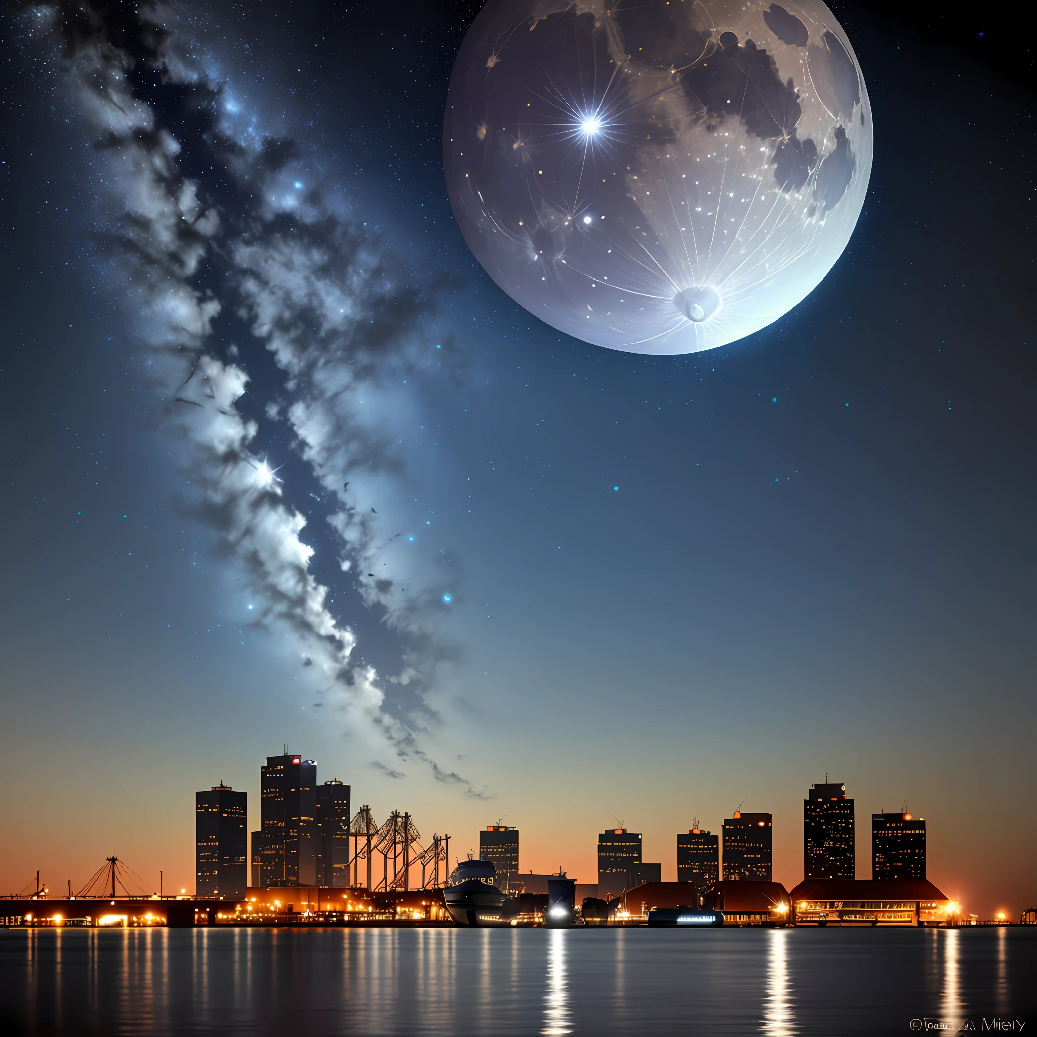 Creates an ultra realistic photographic image of a blue moon over the Port of TAMPA FLORIDA with a very starry sky