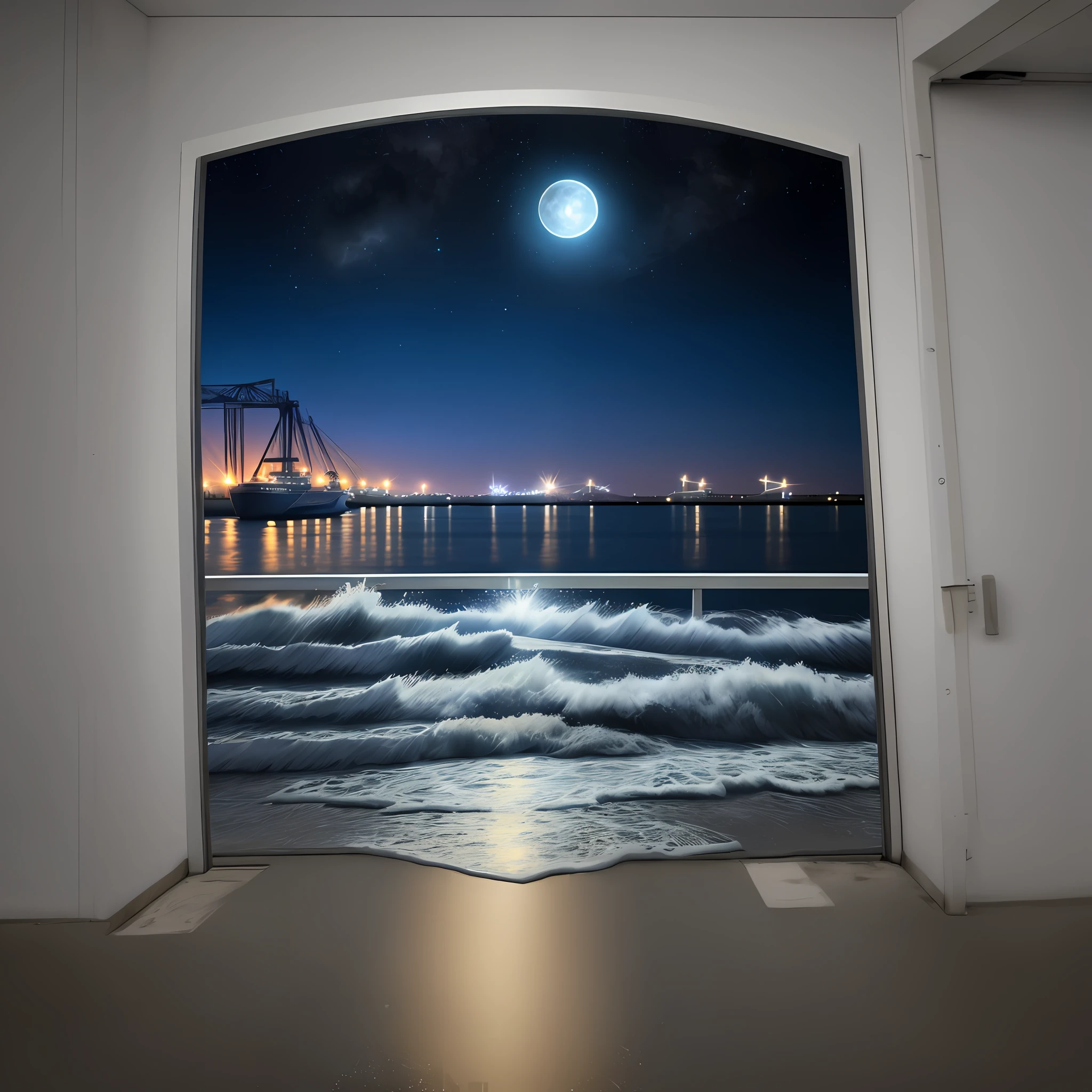 Creates an ultra realistic photographic image of a blue moon over the Port of TAMPA FLORIDA with a very starry sky