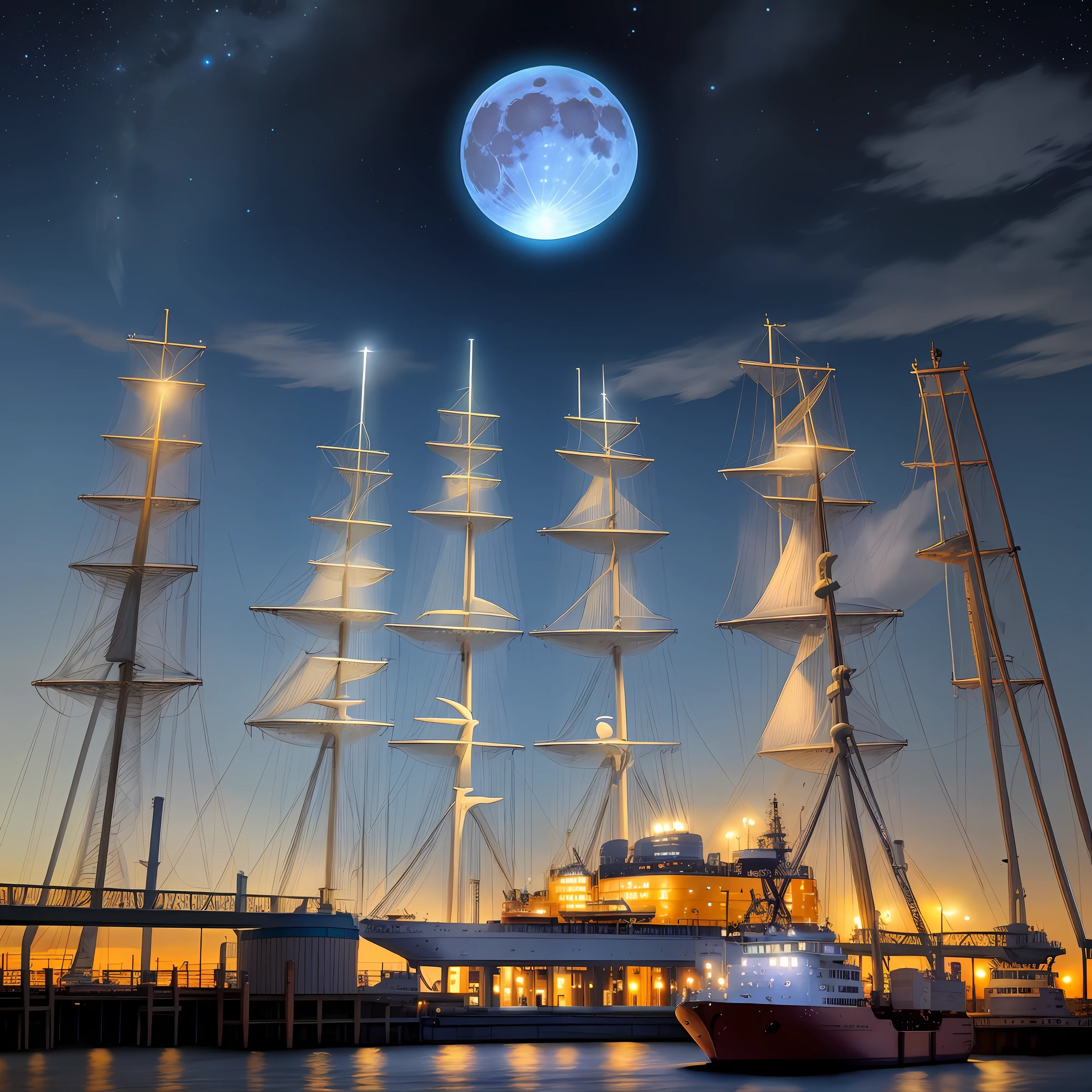 Creates an ultra realistic photographic image of a blue moon over the Port of TAMPA FLORIDA with a very starry sky