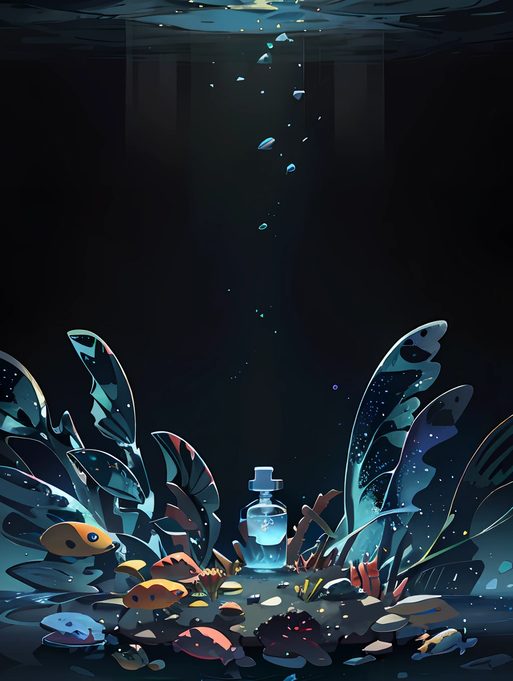 Ultra-realistic scene, cosmetic bottle surrounded by schools of fish and bubbles, deep ocean background, water, sunlight, low angle view, blender, product rendering, HD 8K. --v6