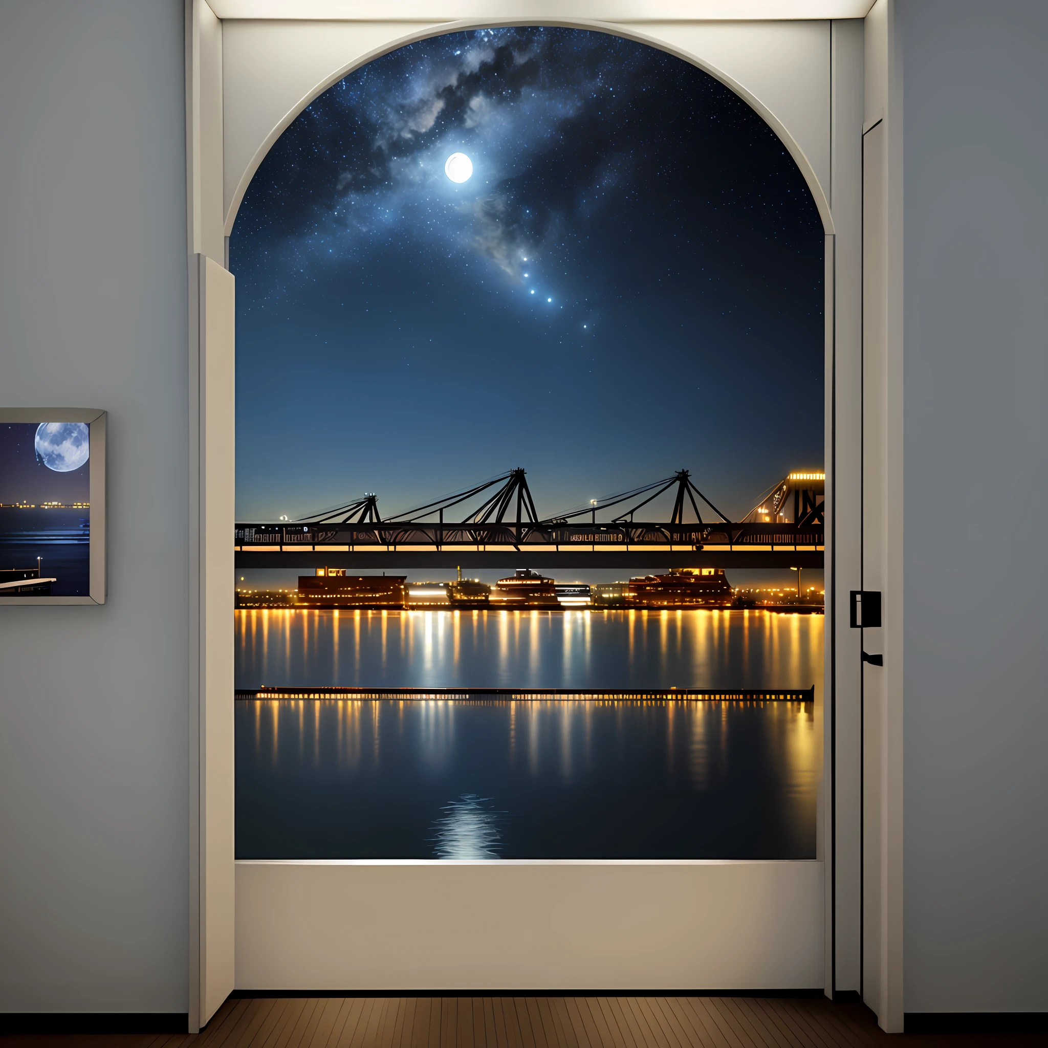 Creates an ultra realistic photographic image of a blue moon over the Port of TAMPA FLORIDA with a very starry sky