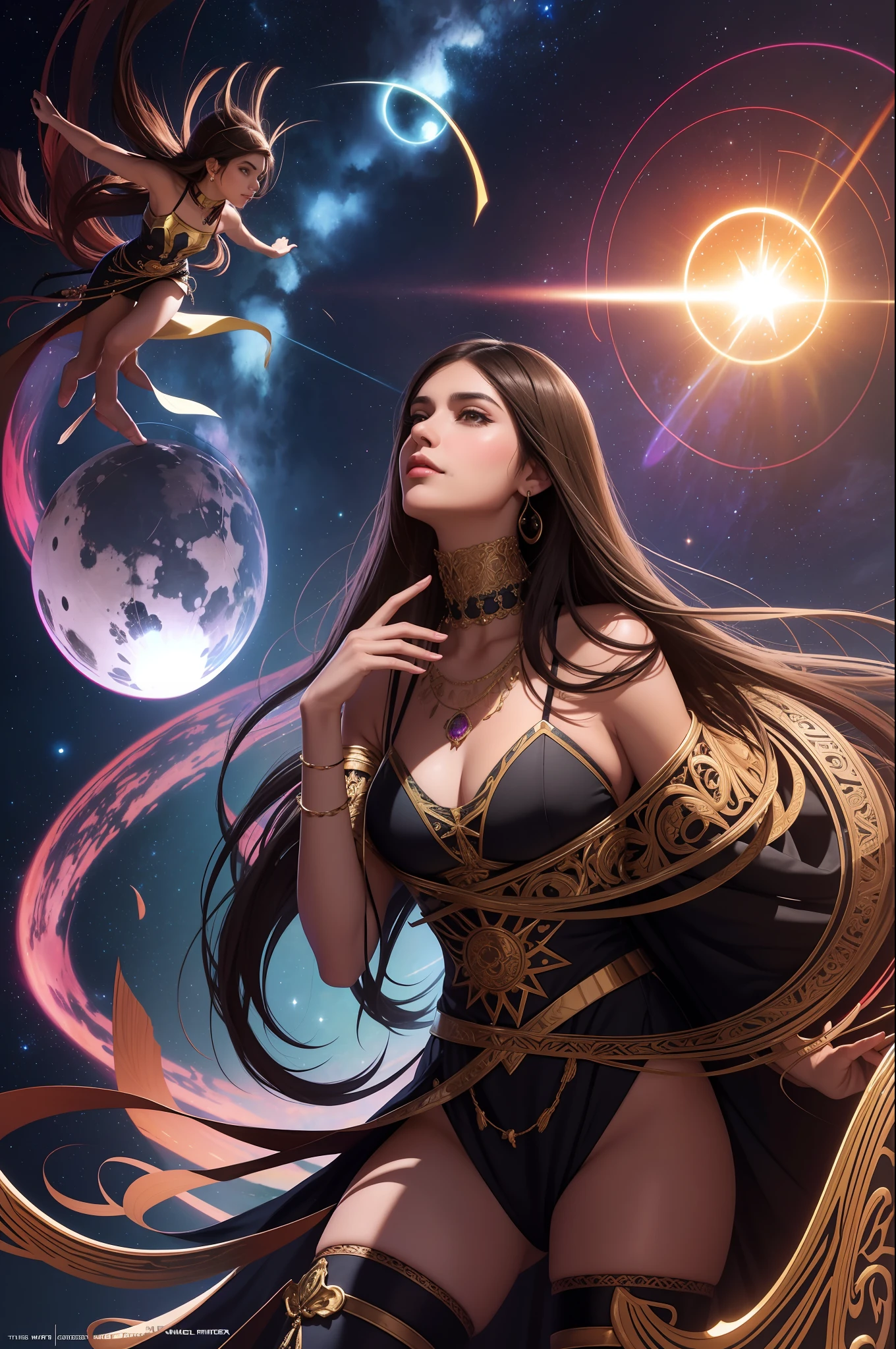There is a woman posing for a photo, Violet Myers, Alanis Guillen, Mia Khalifa, brunette, warrior dress, warrior skirt, with a rose in hand, with necklaces, earrings, swords, Malika Favre, Karla Ortiz,, Fernanda Suarez, Brazilian, Julia Fuentes, brown-skinned Indian, Marischa Becker, in a galaxy, doing magic, a beautiful Latina woman,looking at the viewer, symmetrical, light smile, spiritual awakening, intricate details, cosmic, ethereal, mystical, magic, complicated environment, light brown eyes, straight black hair, long hair, brushstrokes, illuminating lights, galaxies, Greg Rutkowski, RHADS, Beeple, Makoto Shinkai, Lois van Baarle, Ilya Kuvshinov, Rossdraws, Tom Bagshaw, Alfonse Mucha, masterpiece, ultra high resolution, high quality, empress tarot card, Violet Myers, Alanis Guillen, Mia Khalifa,, Malika Favre, Karla Ortiz, Fernanda Suarez, Brazilian, Julia Fuentes, brown-skinned Indian, Marischa Becker,a beautiful Latin woman, full body, looking at the viewer, symmetrical, slight smile, spiritual awakening, intricate details, cosmic, ethereal, mystical, complicated environment, brushstrokes, illuminating lights, RHADS, Beeple, Makoto Shinkai, Lois van Baarle, Ilya Kuvshinov, Rossdraws, Tom Bagshaw, Alfonse Mucha, masterpiece, ultra high resolution, high quality, empress tarot card,