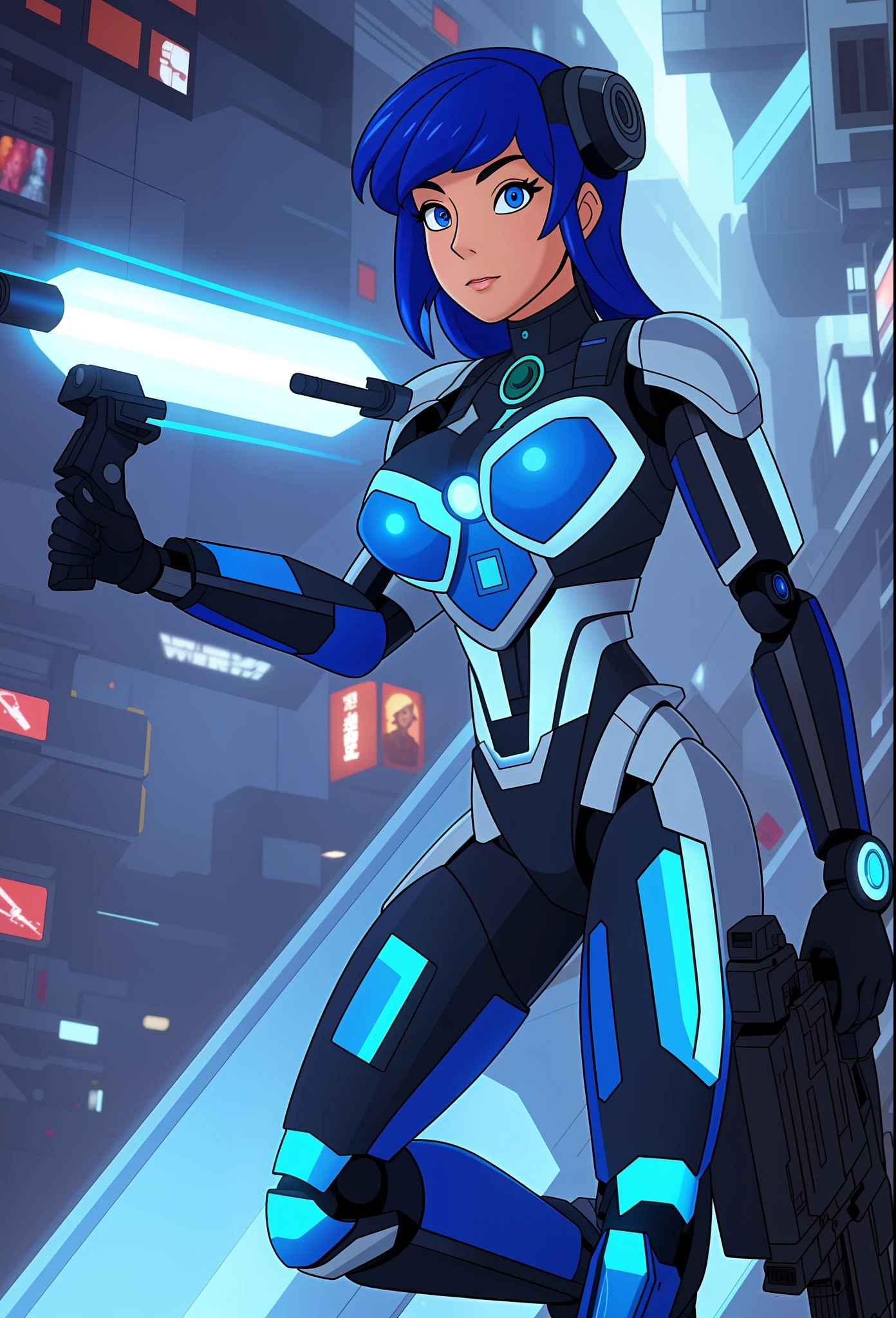 Full body photo, Humanoid robot woman, half human half robot body in robotic suit, with power cables, blue lights on chest, she has the ((half human head and half with robot parts showing)), short blue hair, one green eye, looking at the viewer, from the front, big breasts, body half human and half mechanical, she is in a futuristic city at war between humans and machines, she is holding futuristic weapons of large caliber, cyberpunk, troll, anime, Pop art, masterpiece, 16k, high details, UHD, best quality