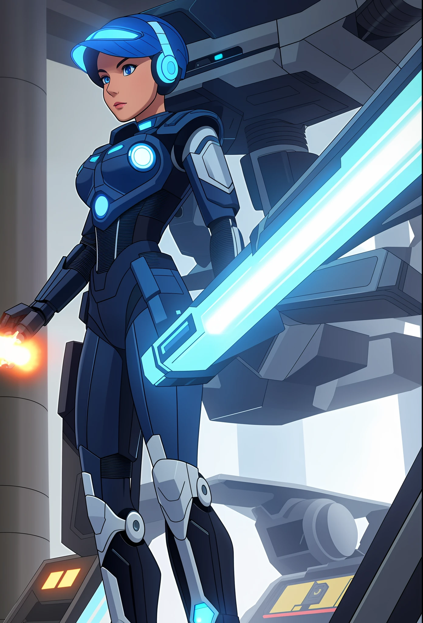 Full body photo, Humanoid robot woman, half human half robot body in robotic suit, with power cables, blue lights on chest, she has the ((half human head and half with robot parts showing)), short blue hair, one green eye, looking at the viewer, from the front, big breasts, body half human and half mechanical, she is in a futuristic city at war between humans and machines, she is holding futuristic weapons of large caliber, cyberpunk, troll, anime, Pop art, masterpiece, 16k, high details, UHD, best quality