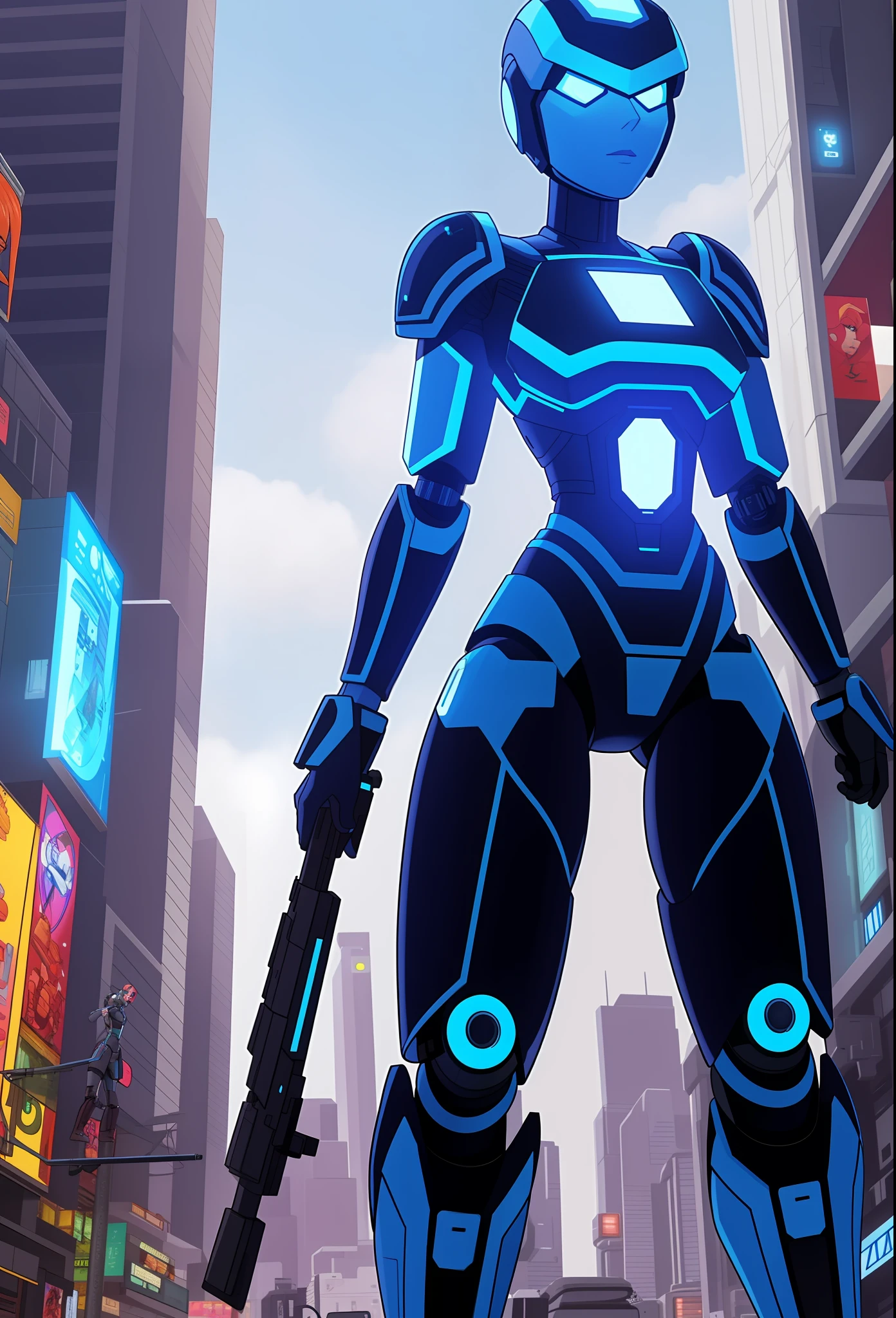 Full body photo, Humanoid robot woman, half human half robot body in robotic suit, with power cables, blue lights on chest, she has the ((half human head and half with robot parts showing)), short blue hair, one green eye, looking at the viewer, from the front, big breasts, body half human and half mechanical, she is in a futuristic city at war between humans and machines, she is holding futuristic weapons of large caliber, cyberpunk, troll, anime, Pop art, masterpiece, 16k, high details, UHD, best quality