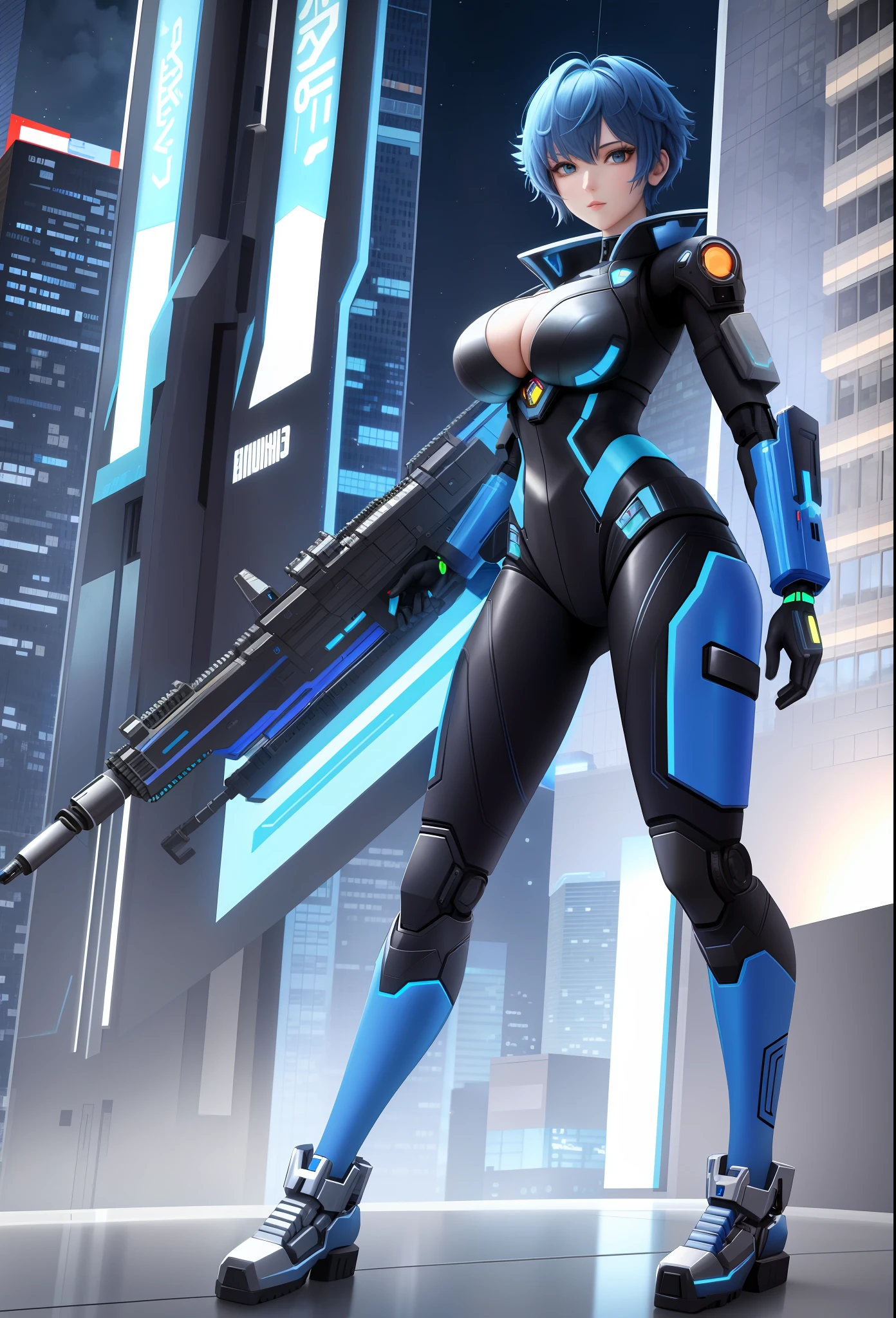 Full body photo, Humanoid robot woman, half human half robot body in robotic suit, with power cables, blue lights on chest, she has the ((half human head and half with robot parts showing)), short blue hair, one green eye, looking at the viewer, from the front, big breasts, body half human and half mechanical, she is in a futuristic city at war between humans and machines, she is holding futuristic weapons of large caliber, cyberpunk, troll, anime, Pop art, masterpiece, 16k, high details, UHD, best quality