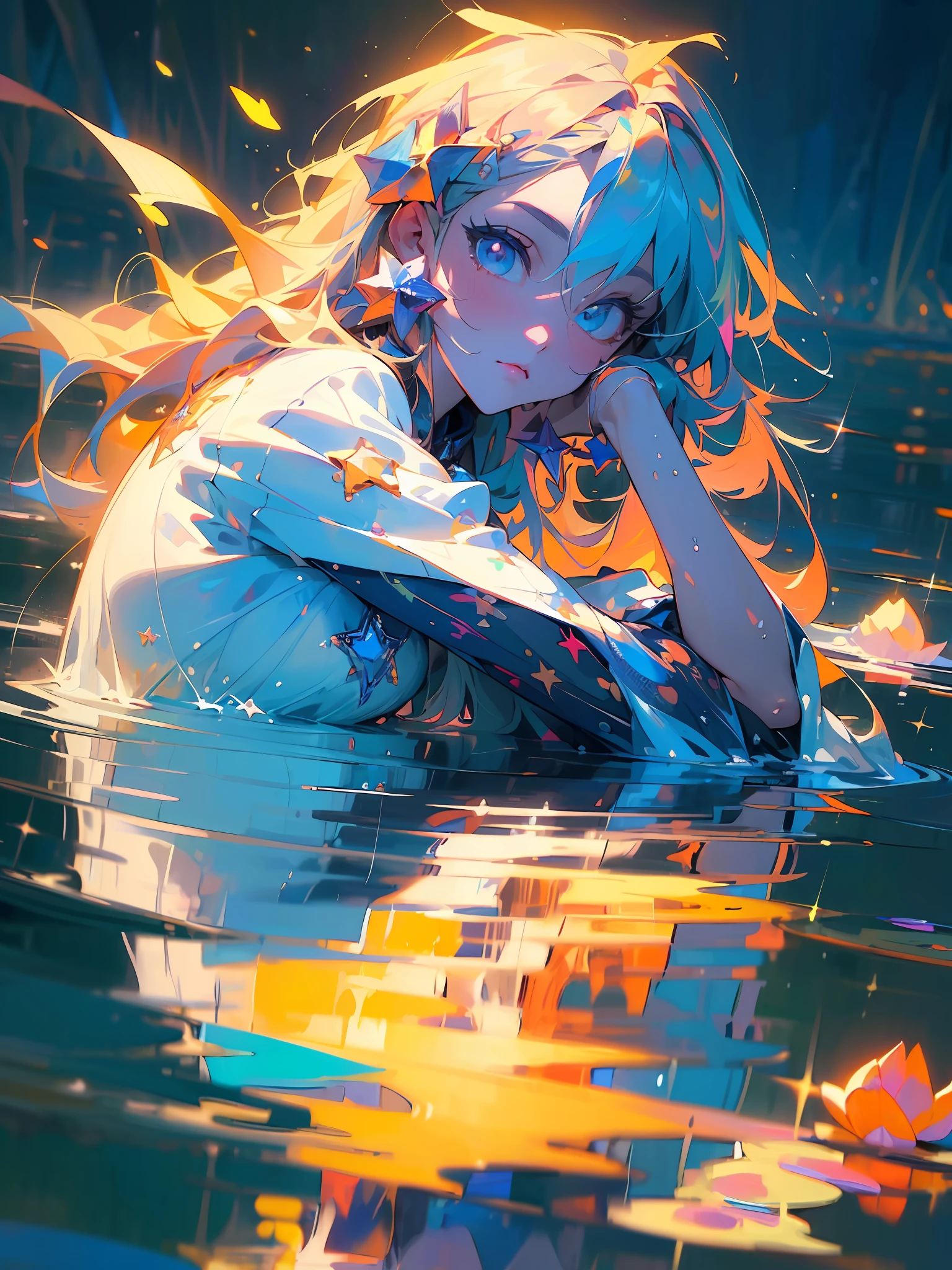 (masterpiece, top quality, best quality, extreme detailed, highest detailed, official art, beautiful and aesthetic:1.2), colorful, cowboy shot, solo, perfect body, 1girl lying on water, look at viewer, detailed beautiful eyes,night, outdoor, reflect star sky,