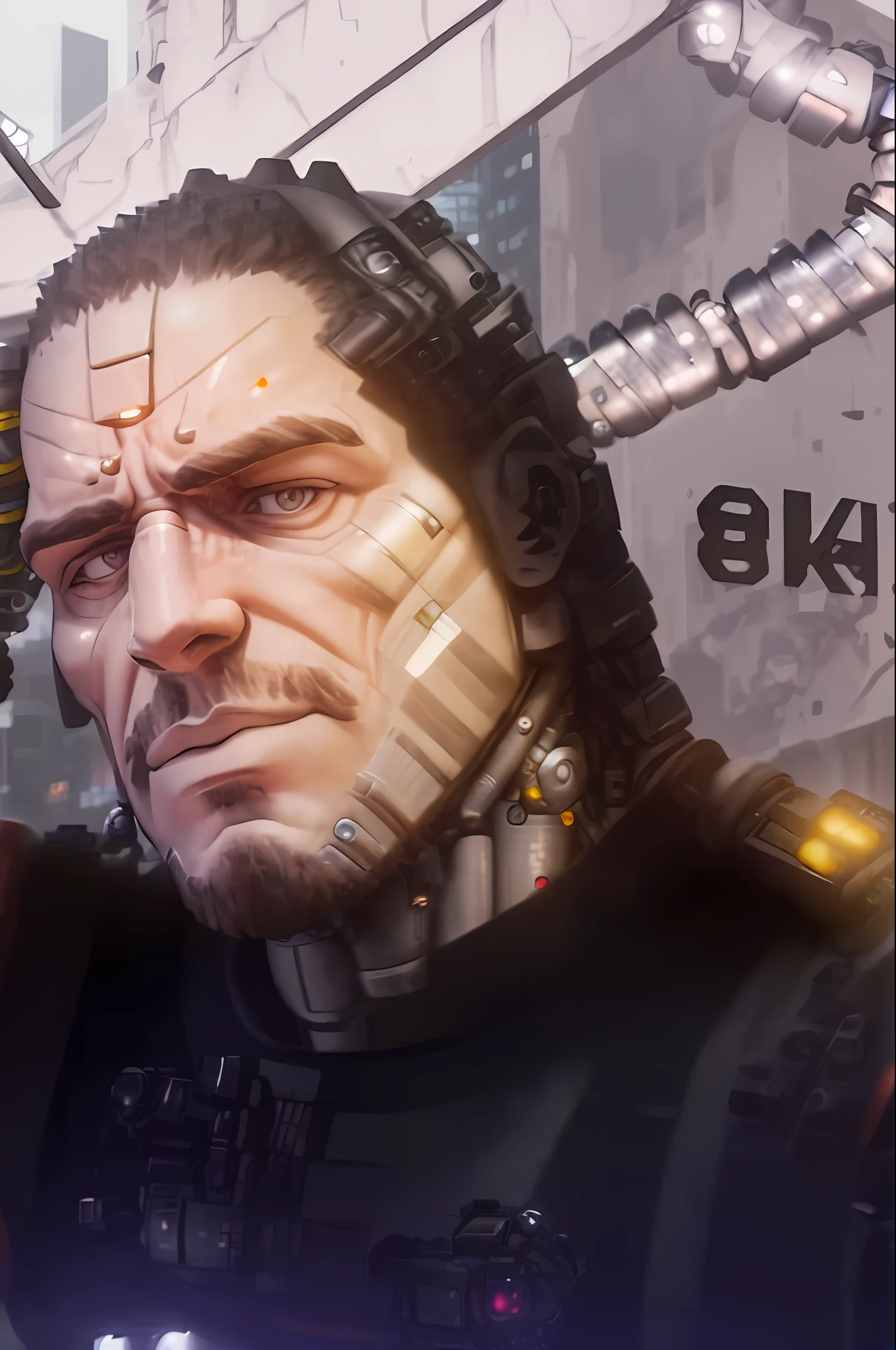 raw photograph, ultra detailed photrealistic, large heavy build male construction worker, wearing construction overalls, (cyborg arms:1.5), (human hands), background is a city block in ruins, vibrant details, luxurious cyberpunk, hyperrealistic, anatomical, elegant, 8k, best quality, masterpiece, extremely detailed, (realistic, photo-realistic:1.37), full body, standing