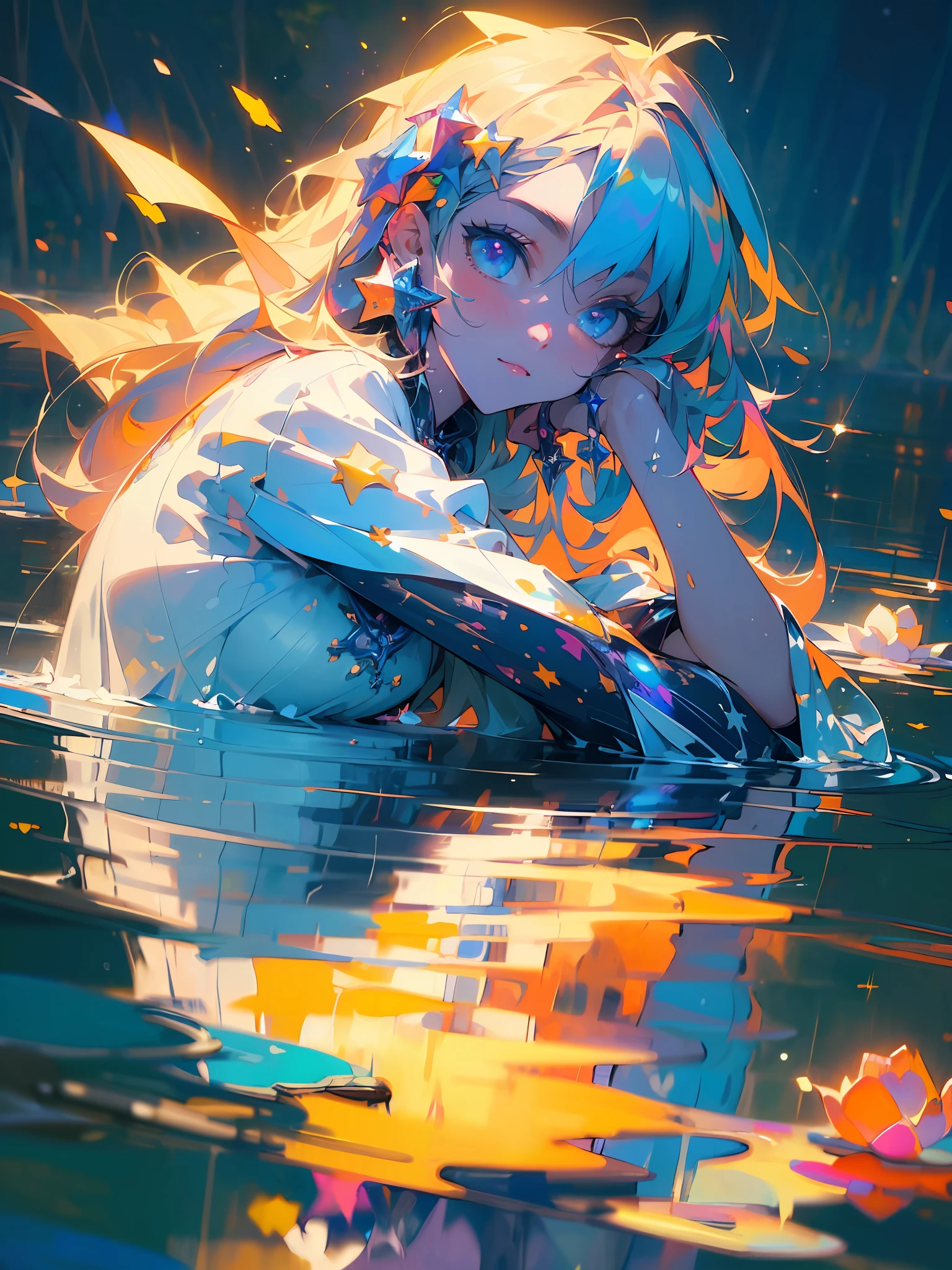 (masterpiece, top quality, best quality, extreme detailed, highest detailed, official art, beautiful and aesthetic:1.2), colorful, cowboy shot, solo, perfect body, 1girl lying on water, look at viewer, detailed beautiful eyes,night, outdoor, reflect star sky,