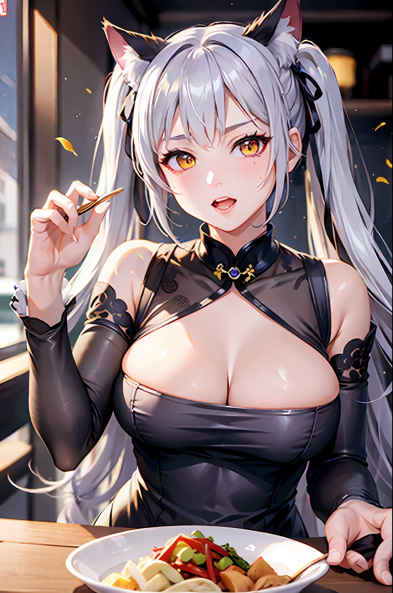 masterpiece, high resolution, high quality, iridescent cheongsam, eatery, big breasts, cat ears, floral pattern, yellow eyes, gray hair, twin tails
