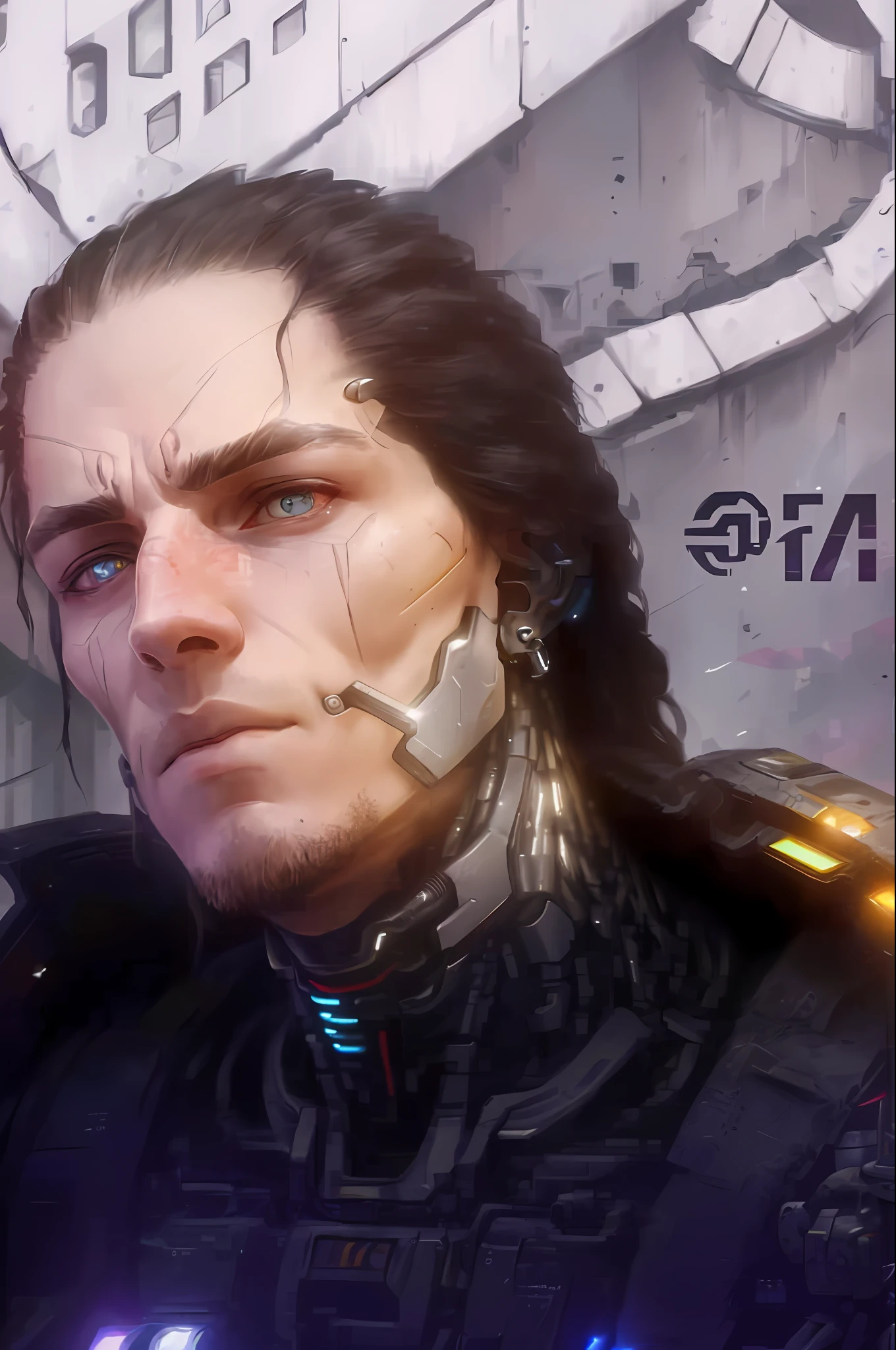 raw photography, ultra detailed, male, cybernetic neck, (cyborgs: 1.5), background is a city block in ruins, vibrant details, luxurious cyberpunk, hyper-realistic, anatomical, elegant, 8k, best quality, masterpiece, extremely detailed, (realistic, photo-realistic: 1.37), portrait.