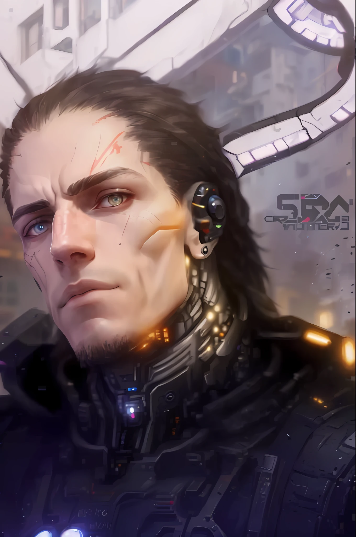 raw photography, ultra detailed, male, cybernetic neck, (cyborgs: 1.5), background is a city block in ruins, vibrant details, luxurious cyberpunk, hyper-realistic, anatomical, elegant, 8k, best quality, masterpiece, extremely detailed, (realistic, photo-realistic: 1.37), portrait.