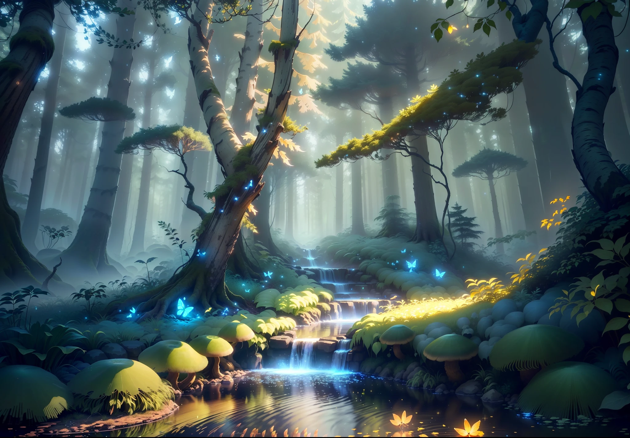 Masterpiece, best quality, (highly detailed CG unity 8k wallpapers), (best quality), (best illustrations), (best shadows), forest theme with natural elements. Tall trees, quiet streams, small glowing mushrooms surrounded by delicate leaves and branches, with fireflies and glowing particle effects,, (natural elements), (jungle theme), (leaves), (twigs), (fireflies), butterflies, (delicate leaves), (glow), (particle effects). , Isometric 3D, Octane Rendering, Ray Traced, Super Detailed