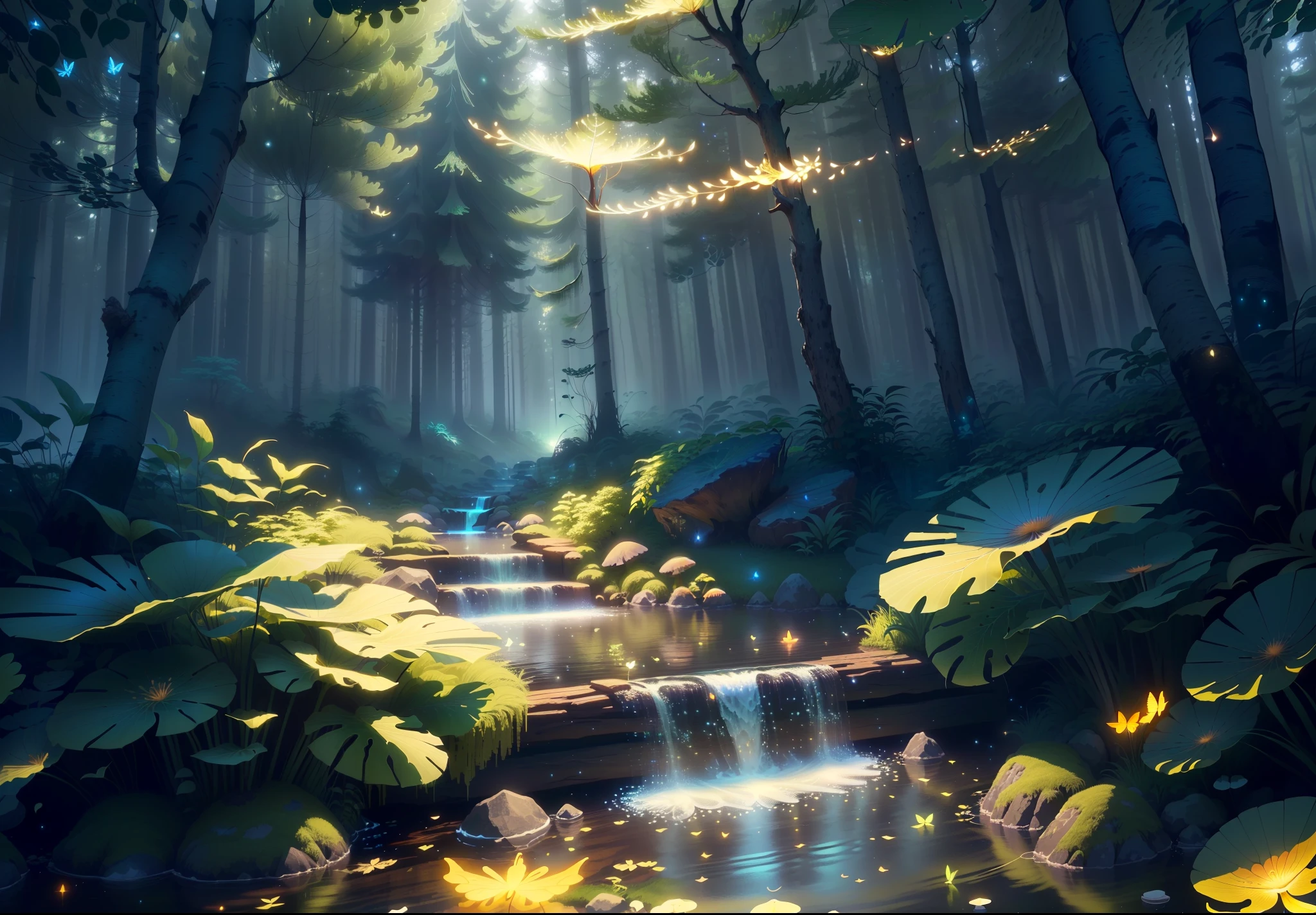 Masterpiece, best quality, (highly detailed CG unity 8k wallpapers), (best quality), (best illustrations), (best shadows), forest theme with natural elements. Tall trees, quiet streams, small glowing mushrooms surrounded by delicate leaves and branches, with fireflies and glowing particle effects,, (natural elements), (jungle theme), (leaves), (twigs), (fireflies), butterflies, (delicate leaves), (glow), (particle effects). , Isometric 3D, Octane Rendering, Ray Traced, Super Detailed
