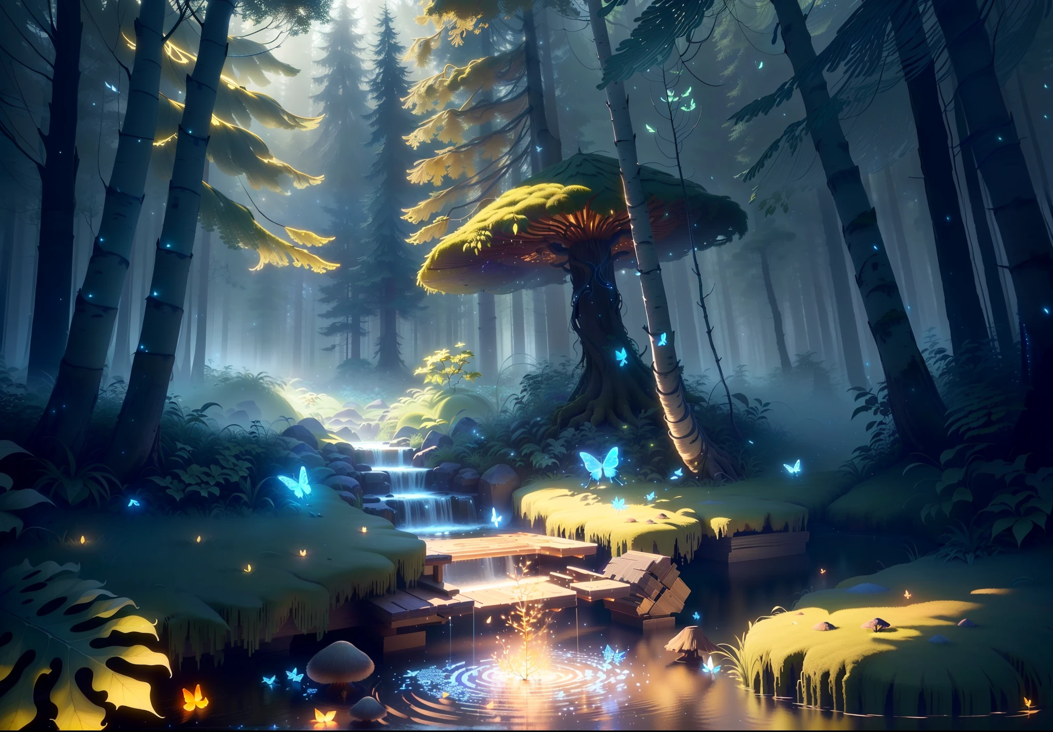 Masterpiece, best quality, (highly detailed CG unity 8k wallpapers), (best quality), (best illustrations), (best shadows), forest theme with natural elements. Tall trees, quiet streams, small glowing mushrooms surrounded by delicate leaves and branches, with fireflies and glowing particle effects,, (natural elements), (jungle theme), (leaves), (twigs), (fireflies), butterflies, (delicate leaves), (glow), (particle effects). , Isometric 3D, Octane Rendering, Ray Traced, Super Detailed