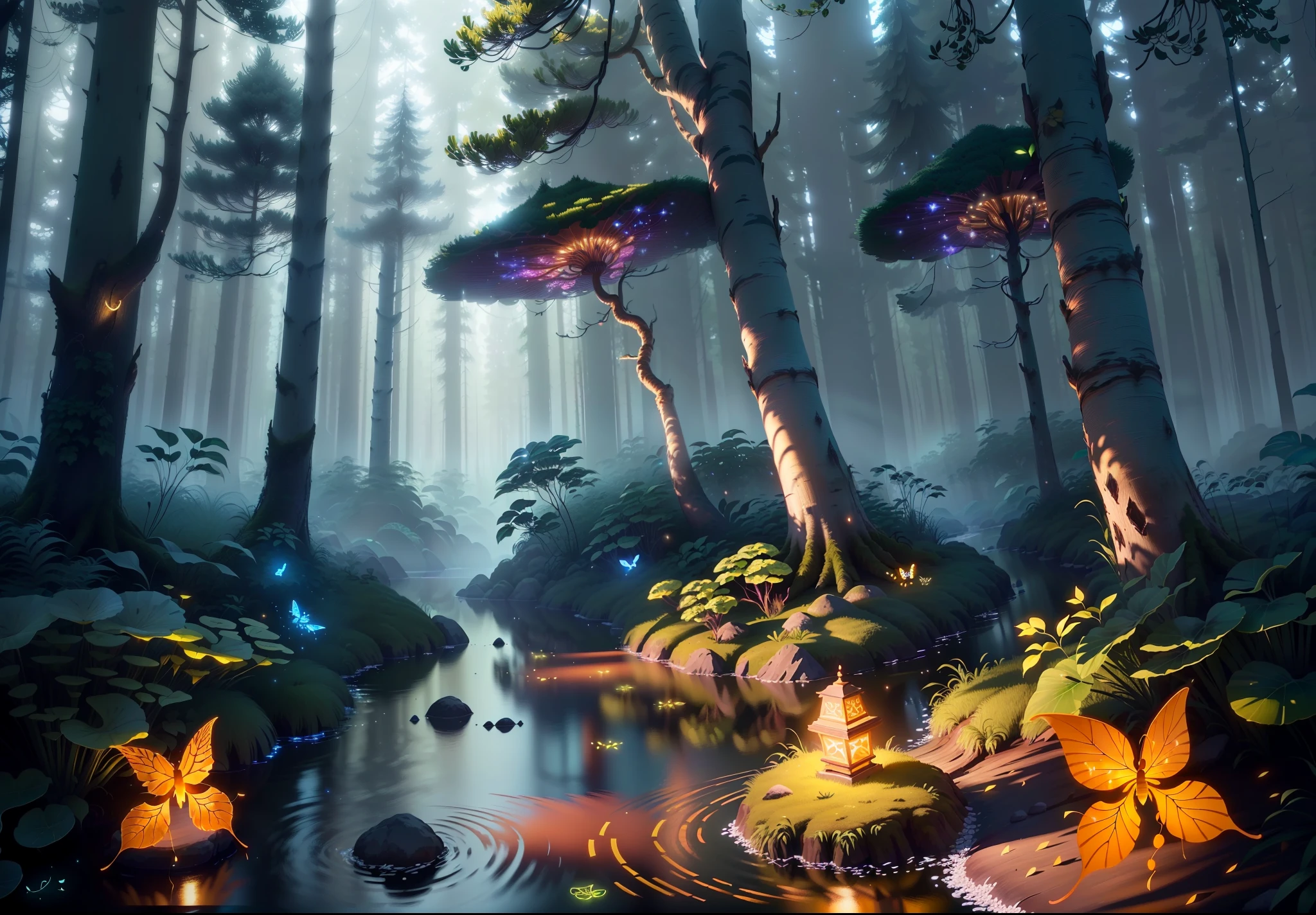 Masterpiece, best quality, (highly detailed CG unity 8k wallpapers), (best quality), (best illustrations), (best shadows), forest theme with natural elements. Tall trees, quiet streams, small glowing mushrooms surrounded by delicate leaves and branches, with fireflies and glowing particle effects,, (natural elements), (jungle theme), (leaves), (twigs), (fireflies), butterflies, (delicate leaves), (glow), (particle effects). , Isometric 3D, Octane Rendering, Ray Traced, Super Detailed