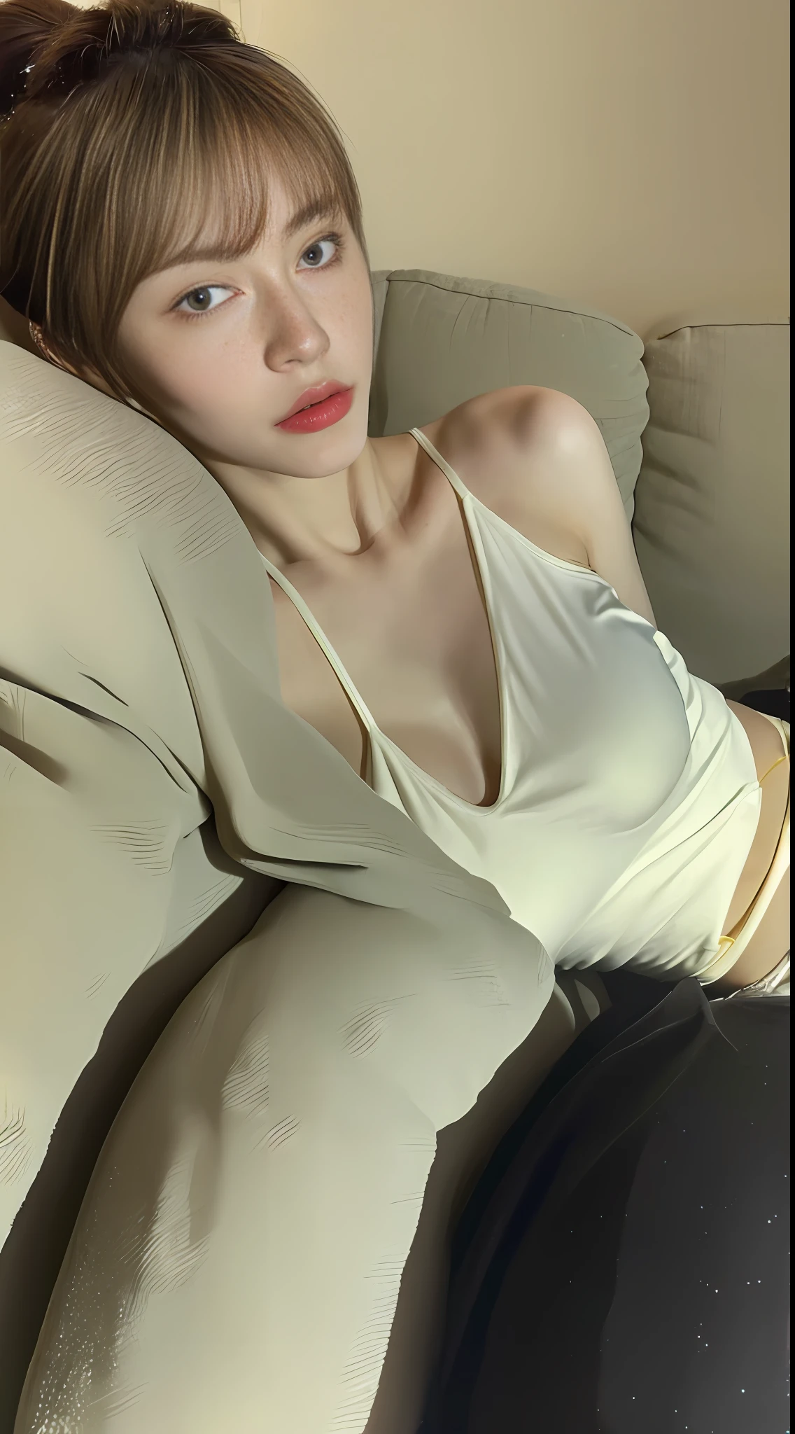 ((Best quality, 8k, Masterpiece :1.3)), Selfie, 1girl, Pretty woman with slender abs :1.3, (Chignon, Breasts :1.2), Bikini :1.1, Couch, Ultra-detailed face, Detailed eyes, Double eyelid