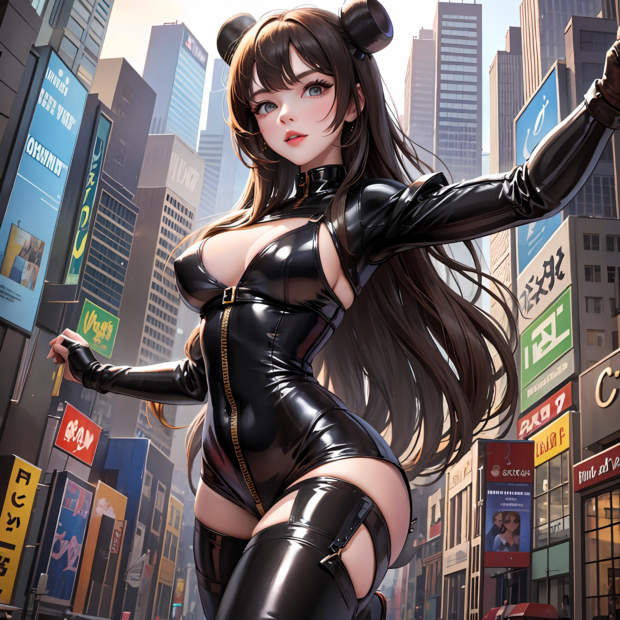 A giantess in the city in an all-latex sexy costume stands with one foot next to a crowd of people