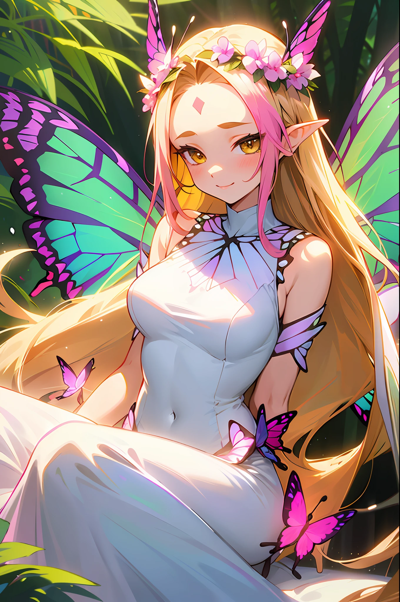 masterpiece, best quality, 1girl, solo, mature female, blonde hair, yellow eyes, absurdly long hair, (hair intakes, parted hair, parted bangs, forehead, head wreath:1.4), sidelocks, pointy ears, seductive smile, tsurime, white dress, long dress, mermaid dress, frilled dress, (sleeveless:1.2), off shoulder, off-shoulder dress, collarbone, necklace, large breasts, covered navel, (fairy wings, butterfly wings, multicolored wings:1.5), flower, white flower, purple flower, pink flower, butterfly, outdoors, sitting, forest, enchanted forest, water, flower wall, branch, tree, dappled sunlight, sunbeam, enchanting, light particles,