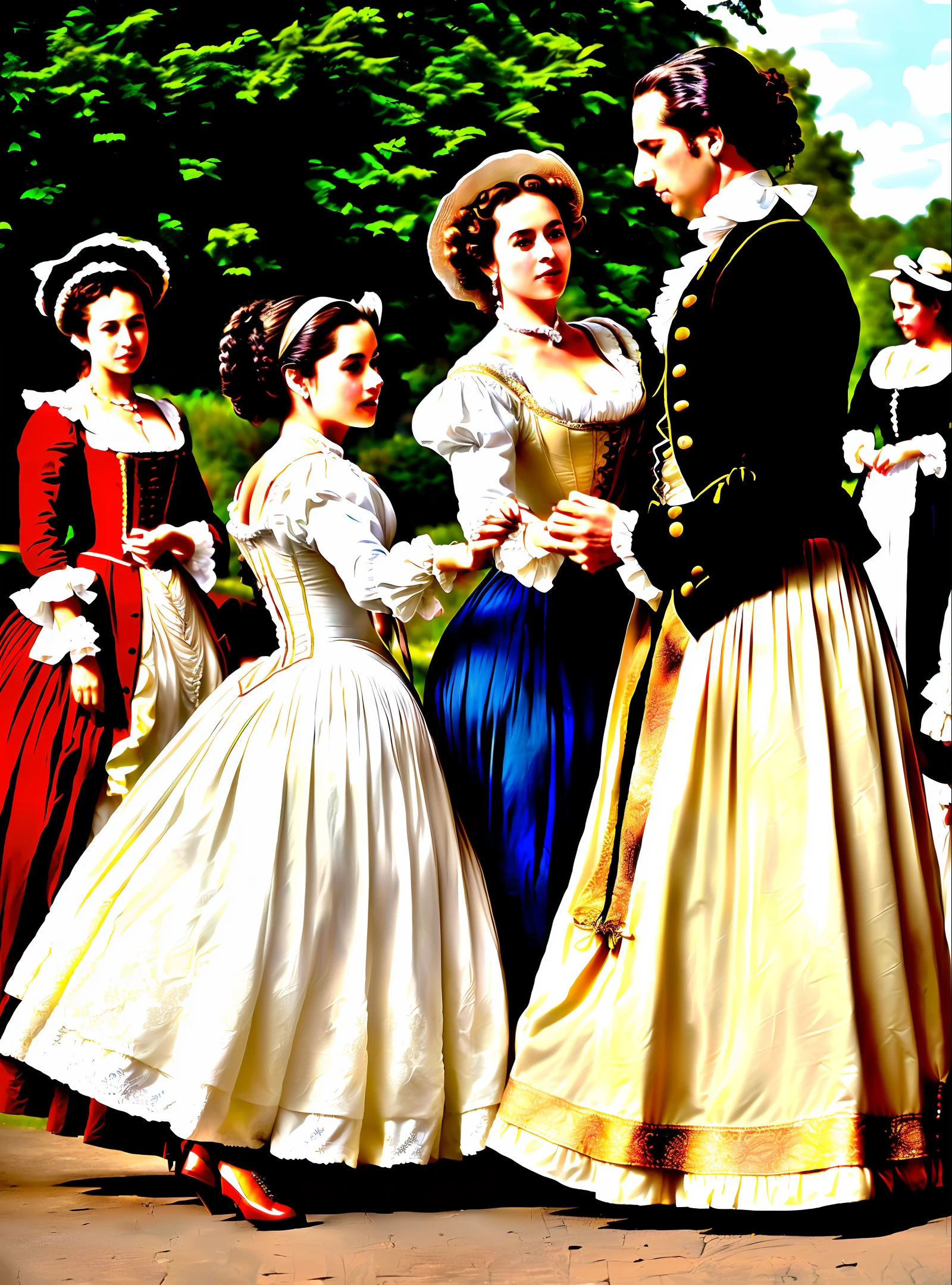 Woman dressed in eighteenth century clothes dancing in the street